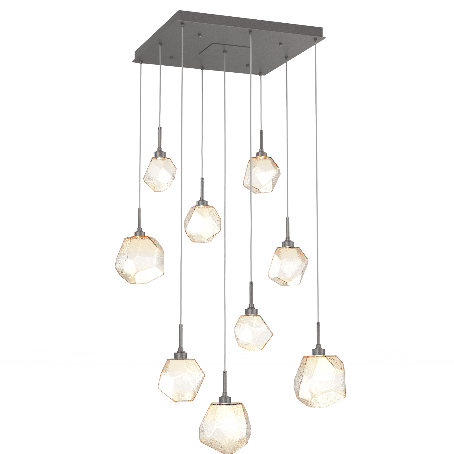 CHB0039-09-GP-A-Hammerton-Studio-Gem-9-light-square-pendant-chandelier-with-graphite-finish-and-amber-blown-glass-shades-and-LED-lamping