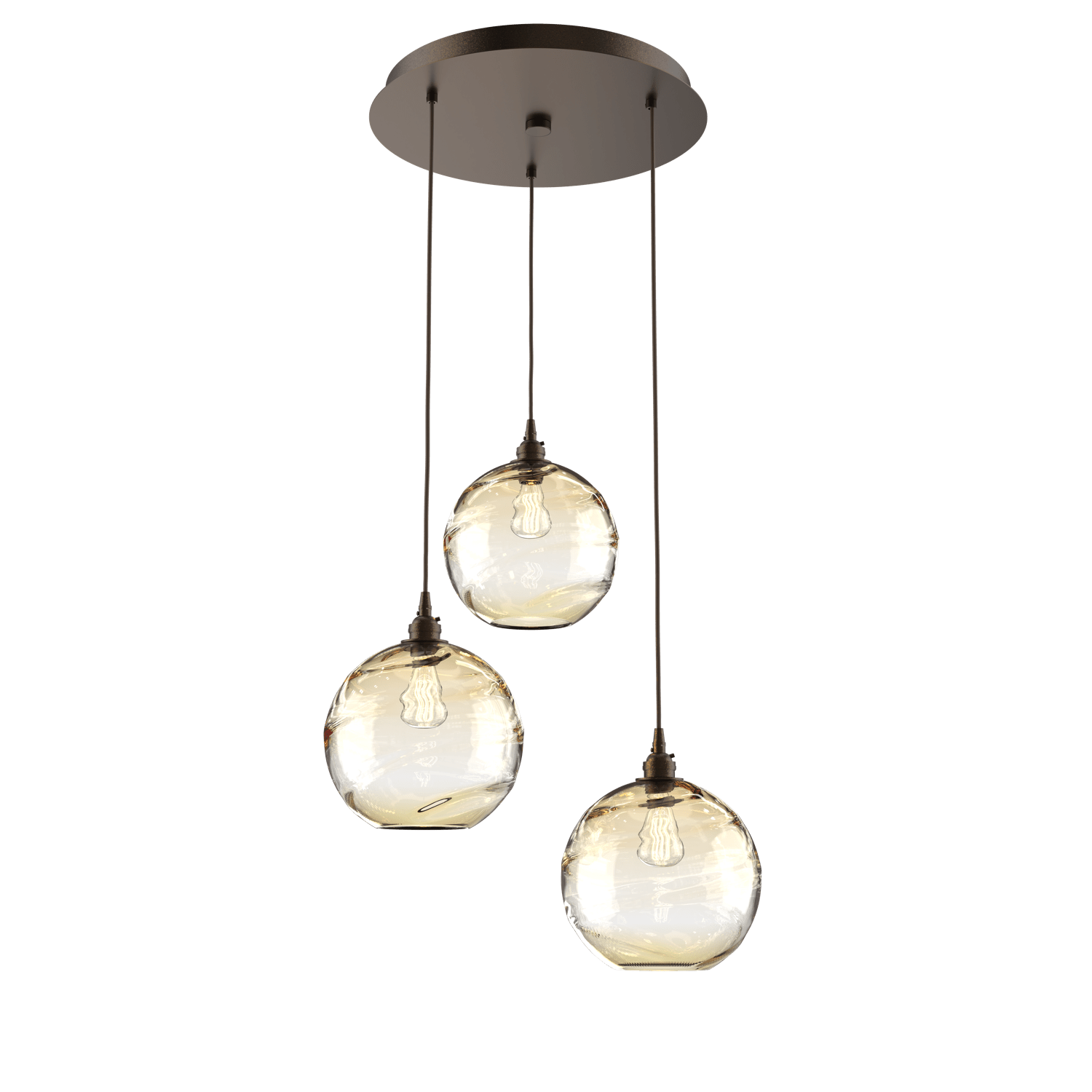 CHB0047-03-FB-OA-Hammerton-Studio-Optic-Blown-Glass-Terra-3-light-round-pendant-chandelier-with-flat-bronze-finish-and-optic-amber-blown-glass-shades-and-incandescent-lamping