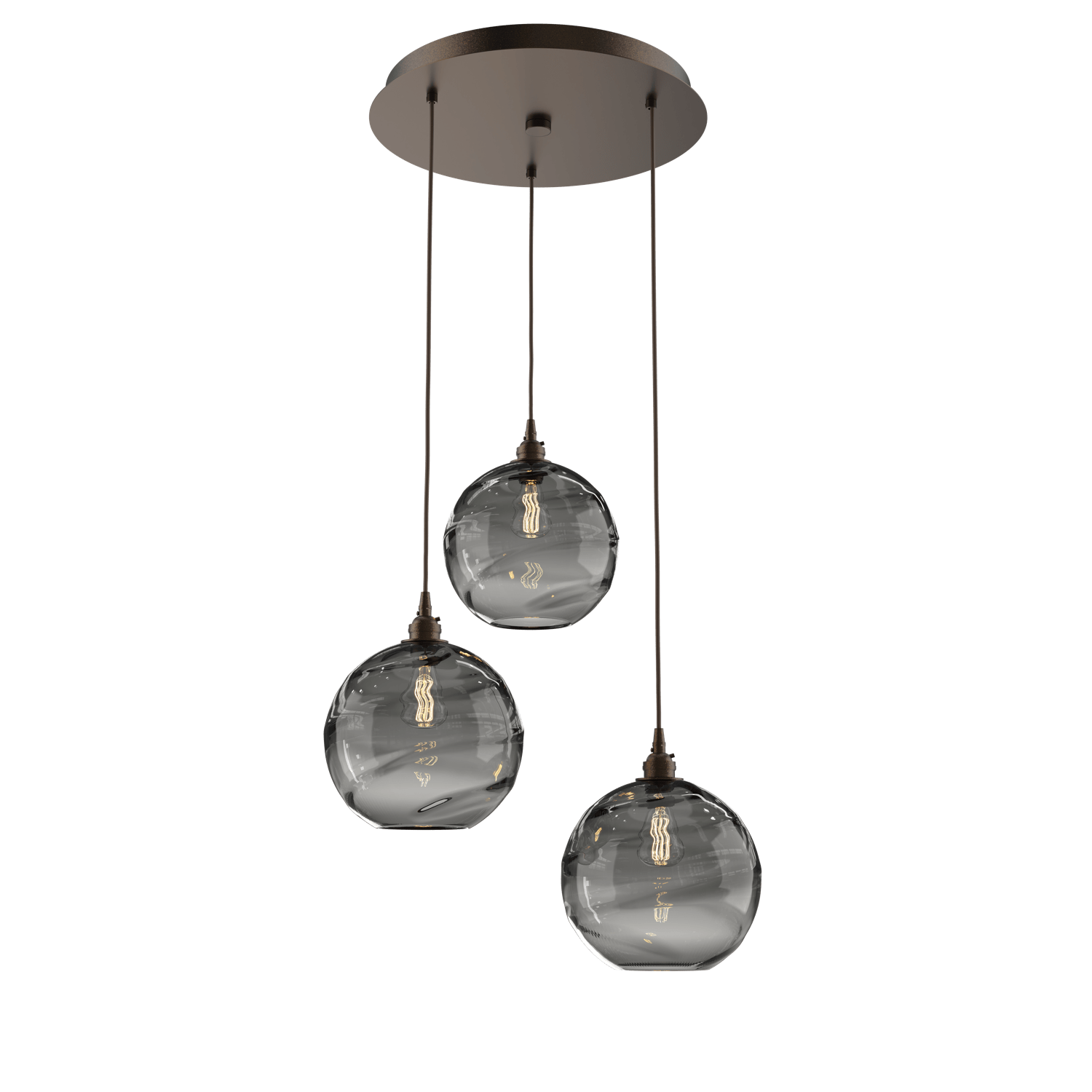 CHB0047-03-FB-OS-Hammerton-Studio-Optic-Blown-Glass-Terra-3-light-round-pendant-chandelier-with-flat-bronze-finish-and-optic-smoke-blown-glass-shades-and-incandescent-lamping