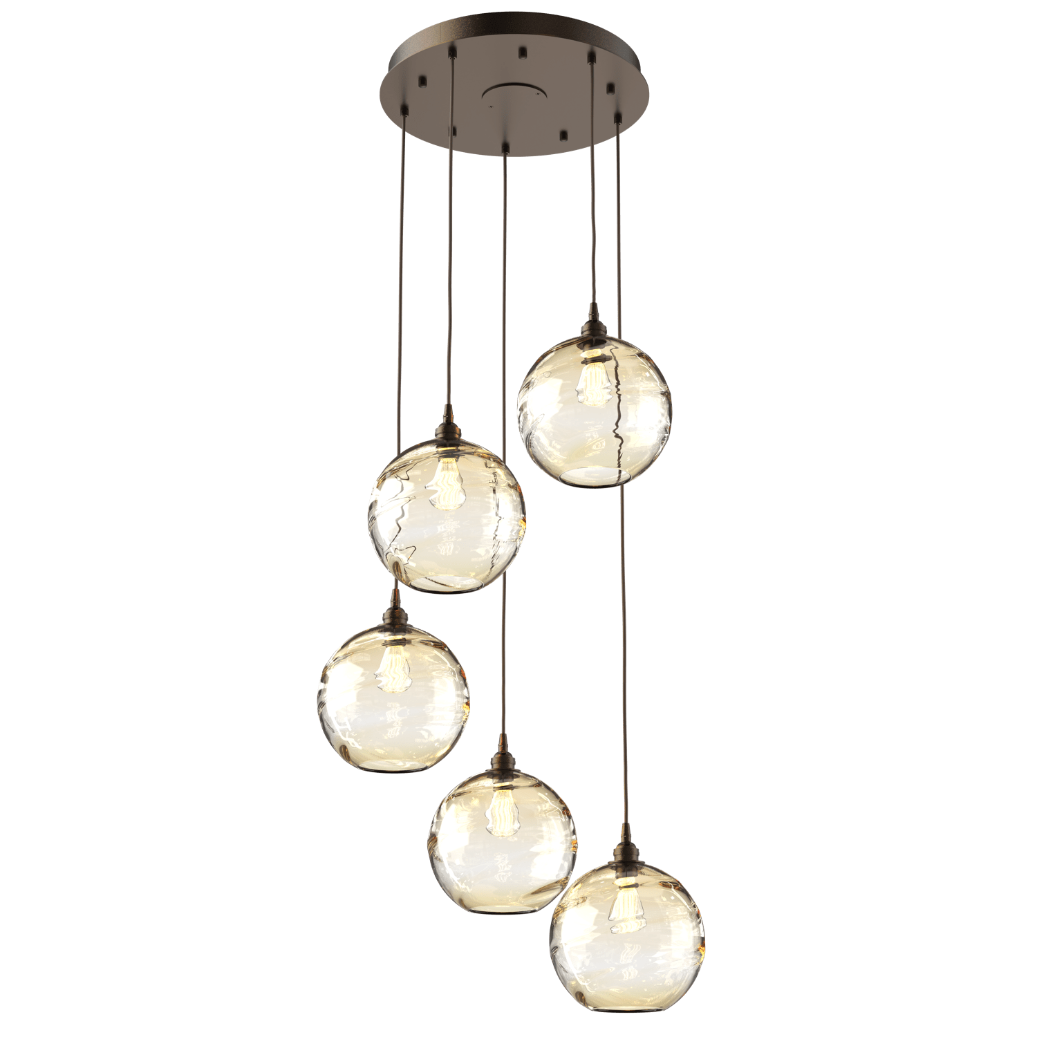 CHB0047-05-FB-OA-Hammerton-Studio-Optic-Blown-Glass-Terra-5-light-round-pendant-chandelier-with-flat-bronze-finish-and-optic-amber-blown-glass-shades-and-incandescent-lamping