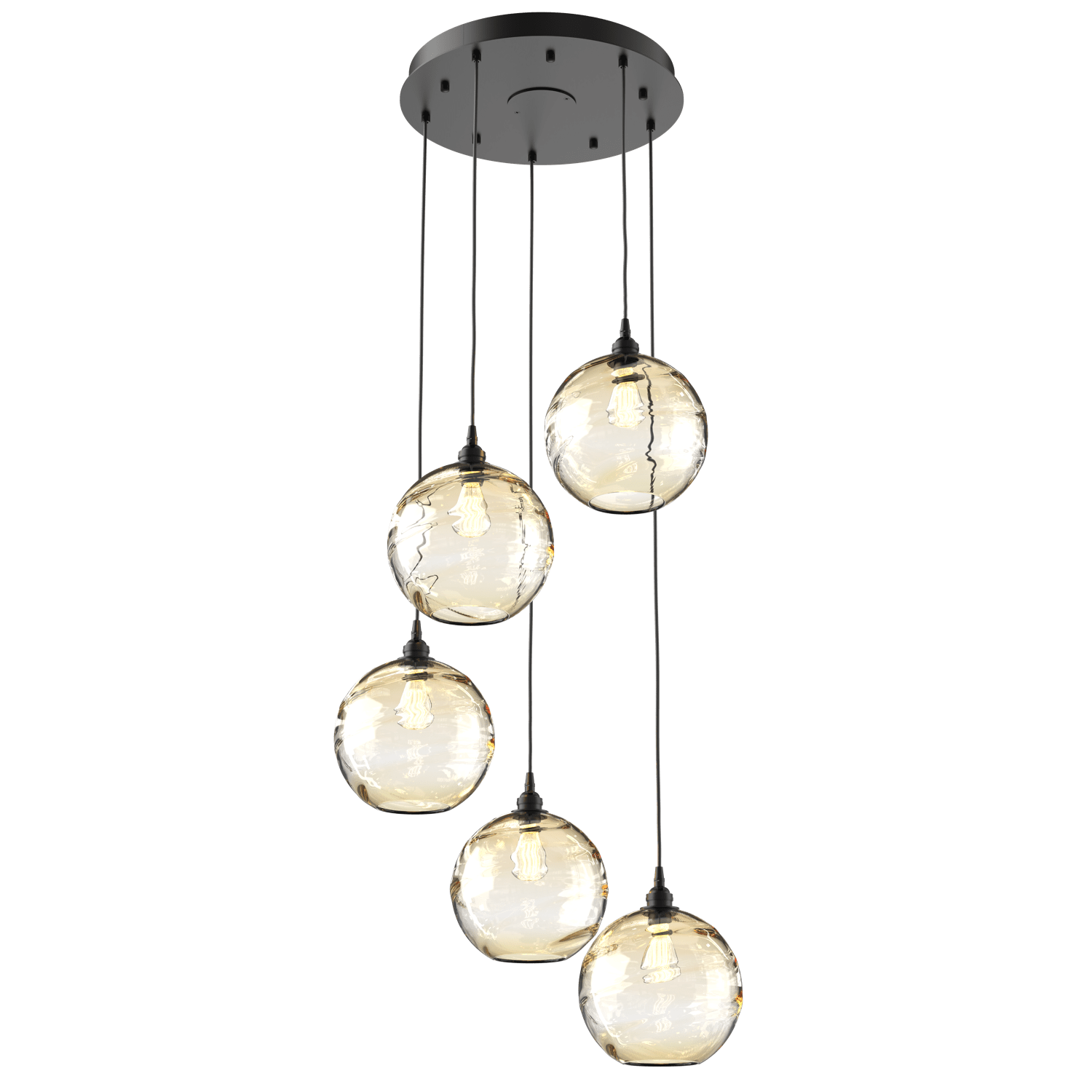 CHB0047-05-MB-OA-Hammerton-Studio-Optic-Blown-Glass-Terra-5-light-round-pendant-chandelier-with-matte-black-finish-and-optic-amber-blown-glass-shades-and-incandescent-lamping