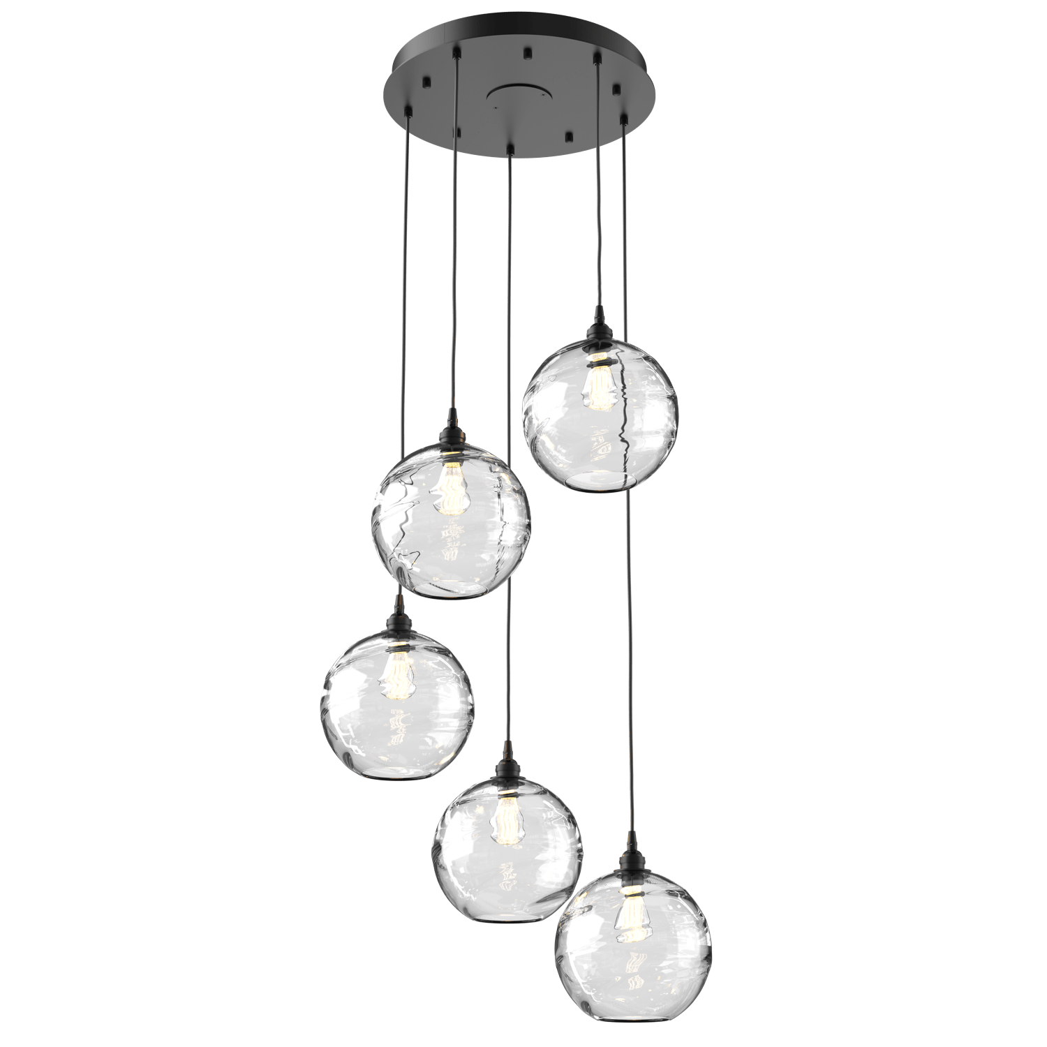 CHB0047-05-MB-OC-Hammerton-Studio-Optic-Blown-Glass-Terra-5-light-round-pendant-chandelier-with-matte-black-finish-and-optic-clear-blown-glass-shades-and-incandescent-lamping