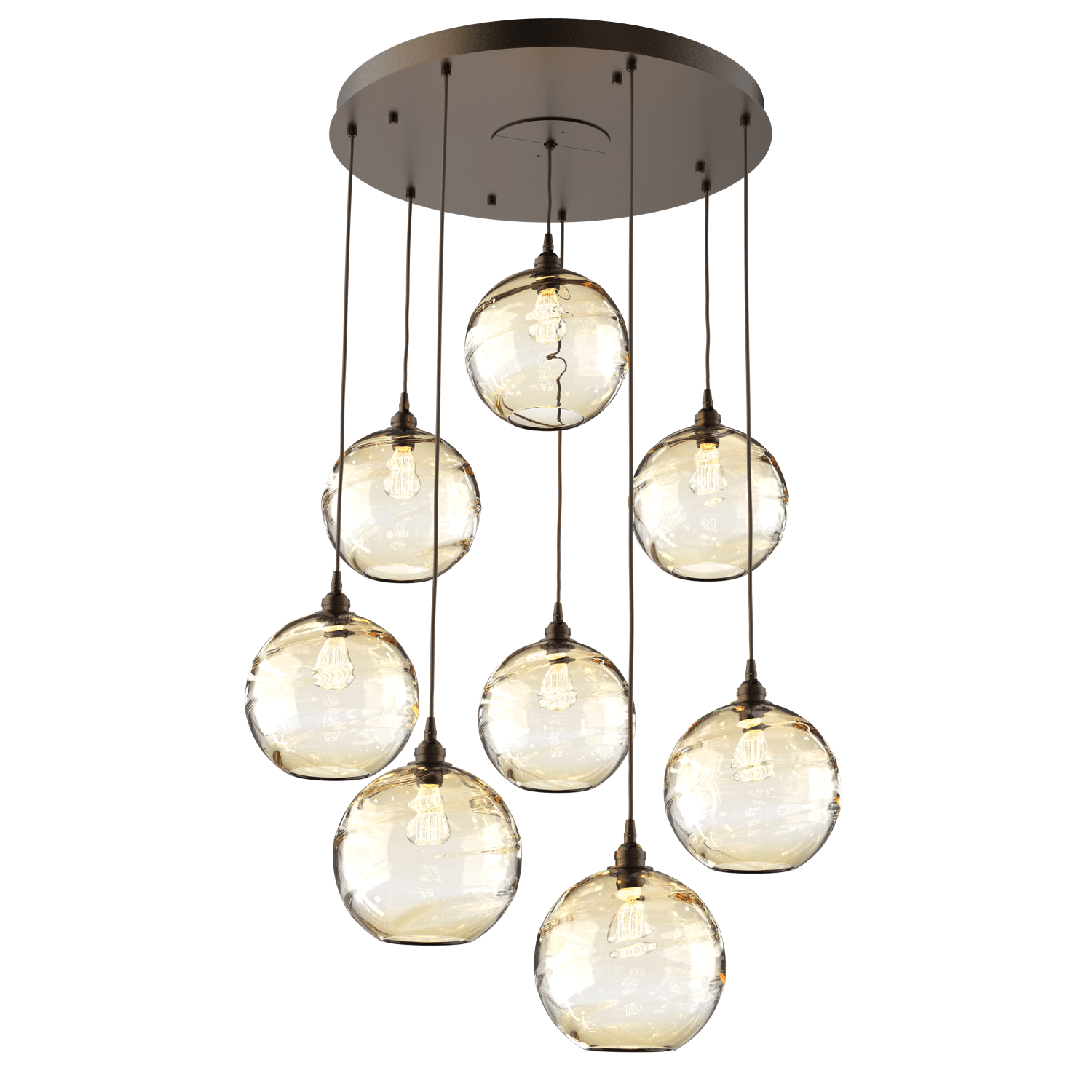 CHB0047-08-FB-OA-Hammerton-Studio-Optic-Blown-Glass-Terra-8-light-round-pendant-chandelier-with-flat-bronze-finish-and-optic-amber-blown-glass-shades-and-incandescent-lamping