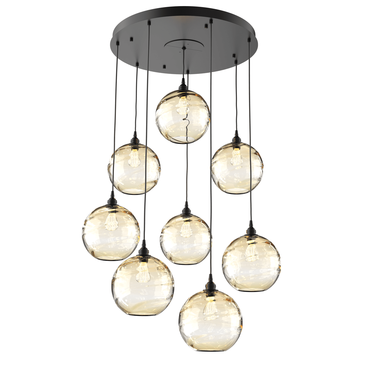 CHB0047-08-MB-OA-Hammerton-Studio-Optic-Blown-Glass-Terra-8-light-round-pendant-chandelier-with-matte-black-finish-and-optic-amber-blown-glass-shades-and-incandescent-lamping