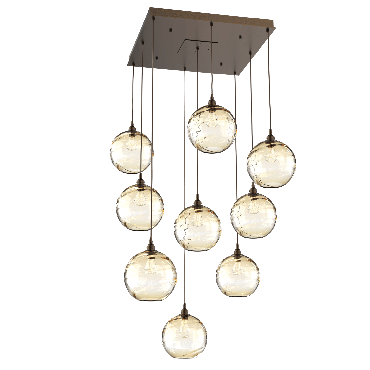 CHB0047-09-FB-OA-Hammerton-Studio-Optic-Blown-Glass-Terra-9-light-square-pendant-chandelier-with-flat-bronze-finish-and-optic-amber-blown-glass-shades-and-incandescent-lamping