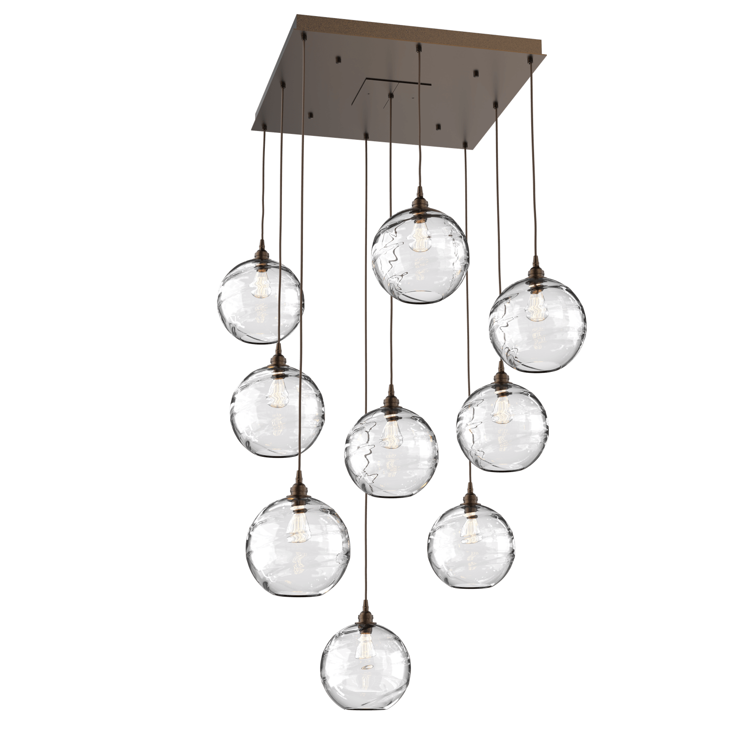 CHB0047-09-FB-OC-Hammerton-Studio-Optic-Blown-Glass-Terra-9-light-square-pendant-chandelier-with-flat-bronze-finish-and-optic-clear-blown-glass-shades-and-incandescent-lamping