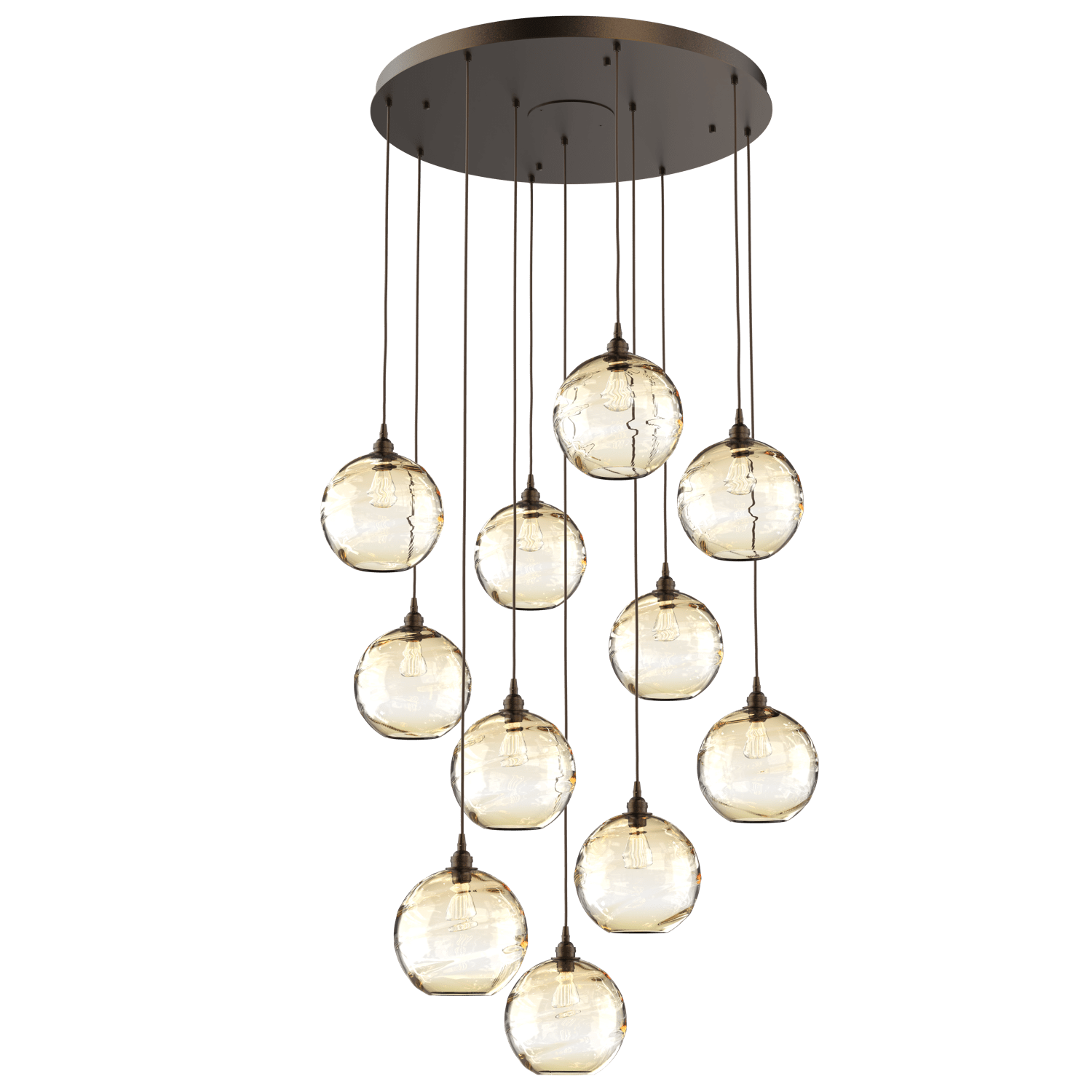 CHB0047-11-FB-OA-Hammerton-Studio-Optic-Blown-Glass-Terra-11-light-round-pendant-chandelier-with-flat-bronze-finish-and-optic-amber-blown-glass-shades-and-incandescent-lamping
