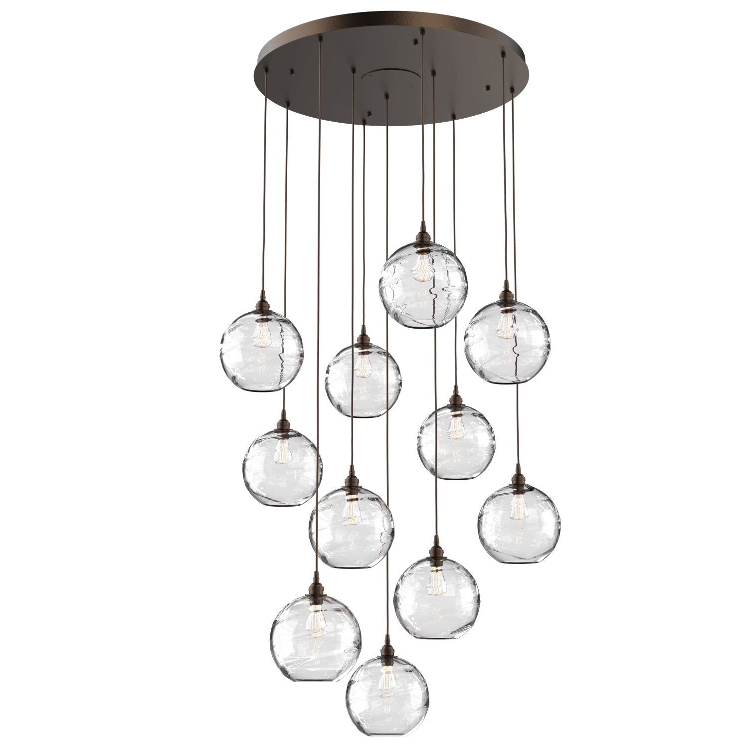 CHB0047-11-FB-OC-Hammerton-Studio-Optic-Blown-Glass-Terra-11-light-round-pendant-chandelier-with-flat-bronze-finish-and-optic-clear-blown-glass-shades-and-incandescent-lamping