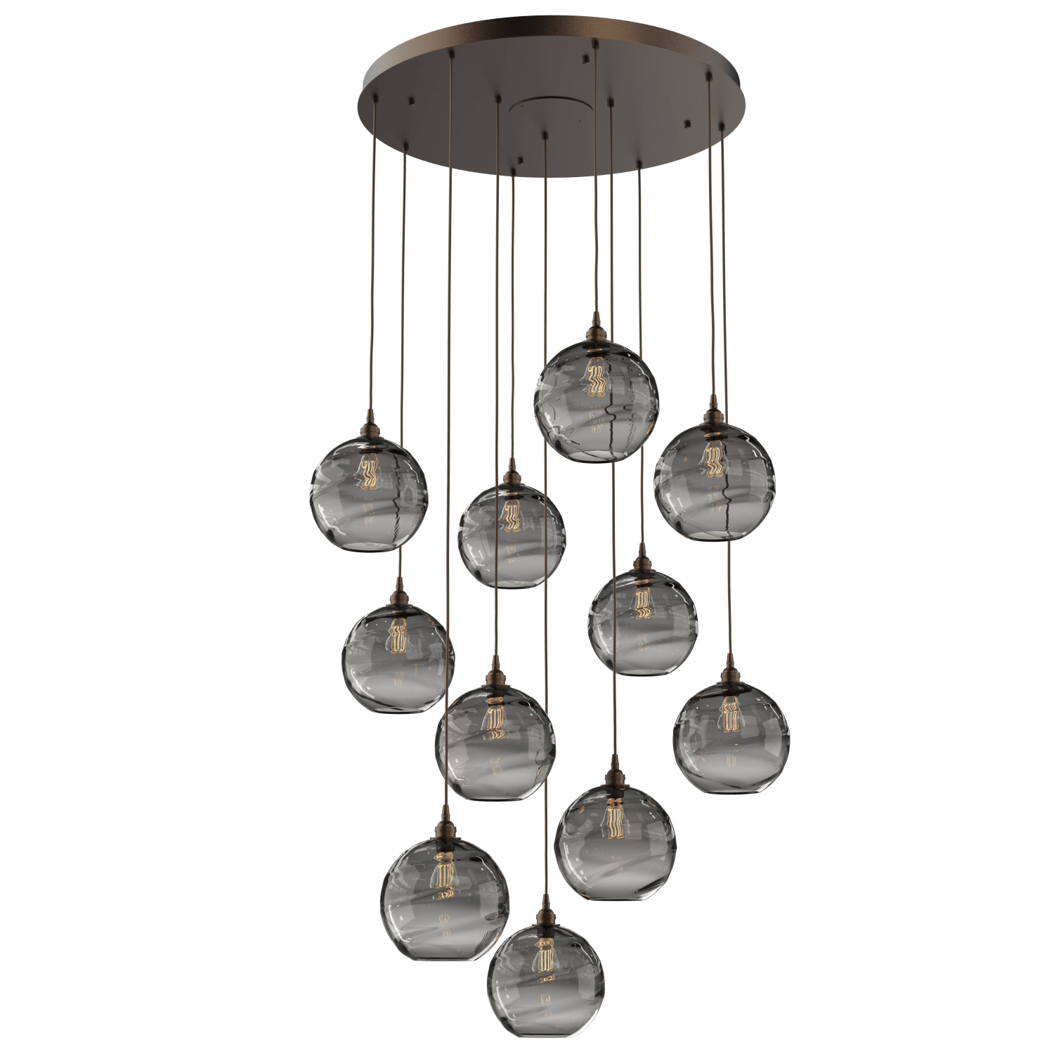 CHB0047-11-FB-OS-Hammerton-Studio-Optic-Blown-Glass-Terra-11-light-round-pendant-chandelier-with-flat-bronze-finish-and-optic-smoke-blown-glass-shades-and-incandescent-lamping