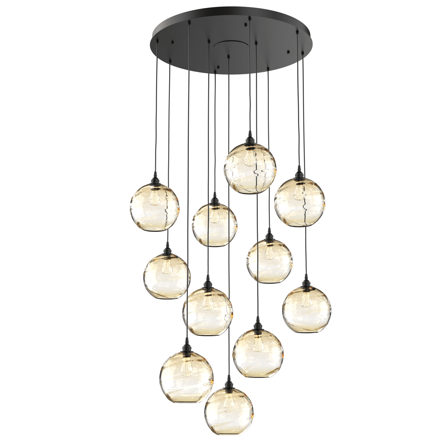 CHB0047-11-MB-OA-Hammerton-Studio-Optic-Blown-Glass-Terra-11-light-round-pendant-chandelier-with-matte-black-finish-and-optic-amber-blown-glass-shades-and-incandescent-lamping