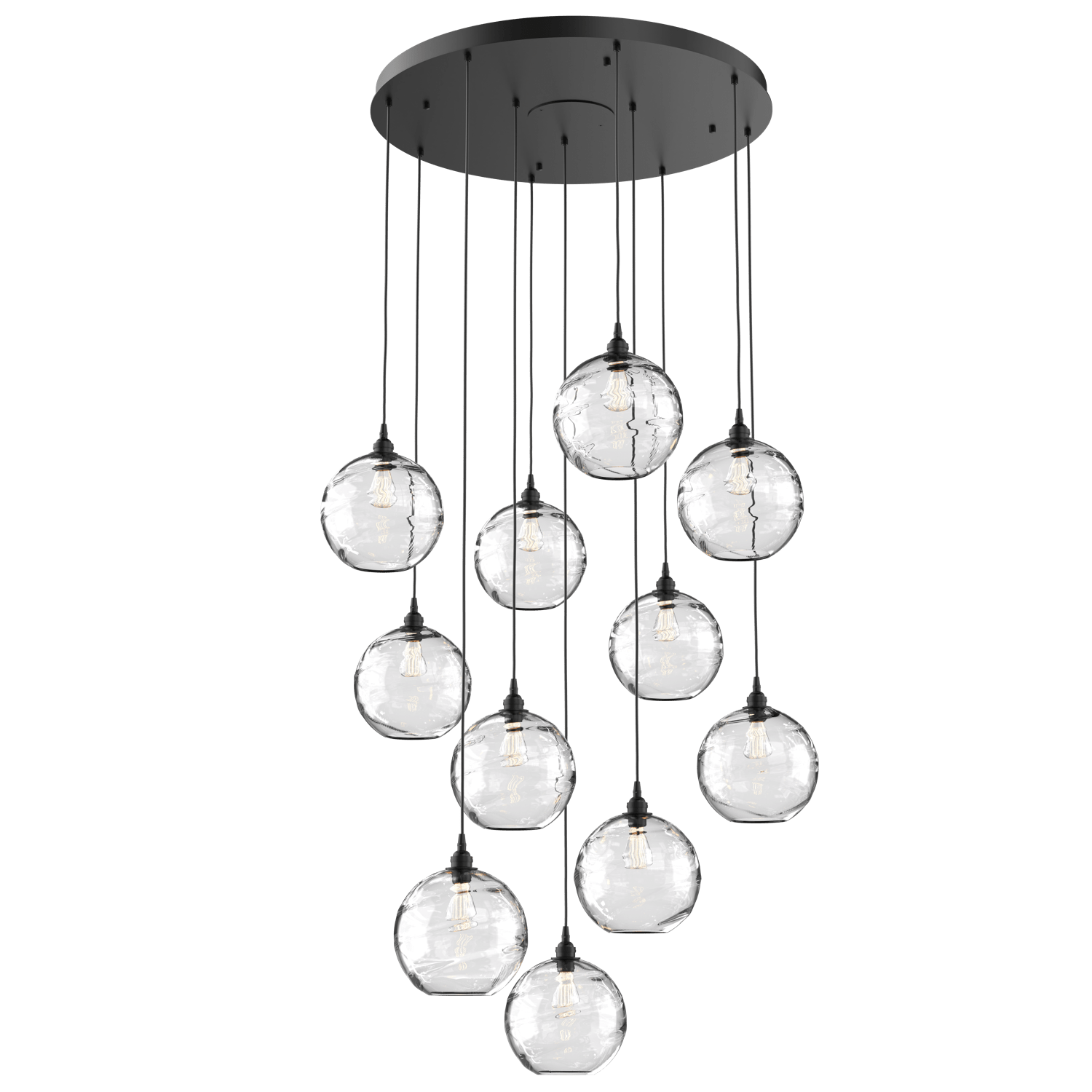 CHB0047-11-MB-OC-Hammerton-Studio-Optic-Blown-Glass-Terra-11-light-round-pendant-chandelier-with-matte-black-finish-and-optic-clear-blown-glass-shades-and-incandescent-lamping