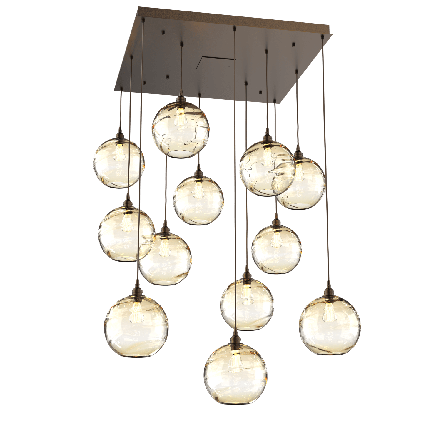 CHB0047-12-FB-OA-Hammerton-Studio-Optic-Blown-Glass-Terra-12-light-square-pendant-chandelier-with-flat-bronze-finish-and-optic-amber-blown-glass-shades-and-incandescent-lamping