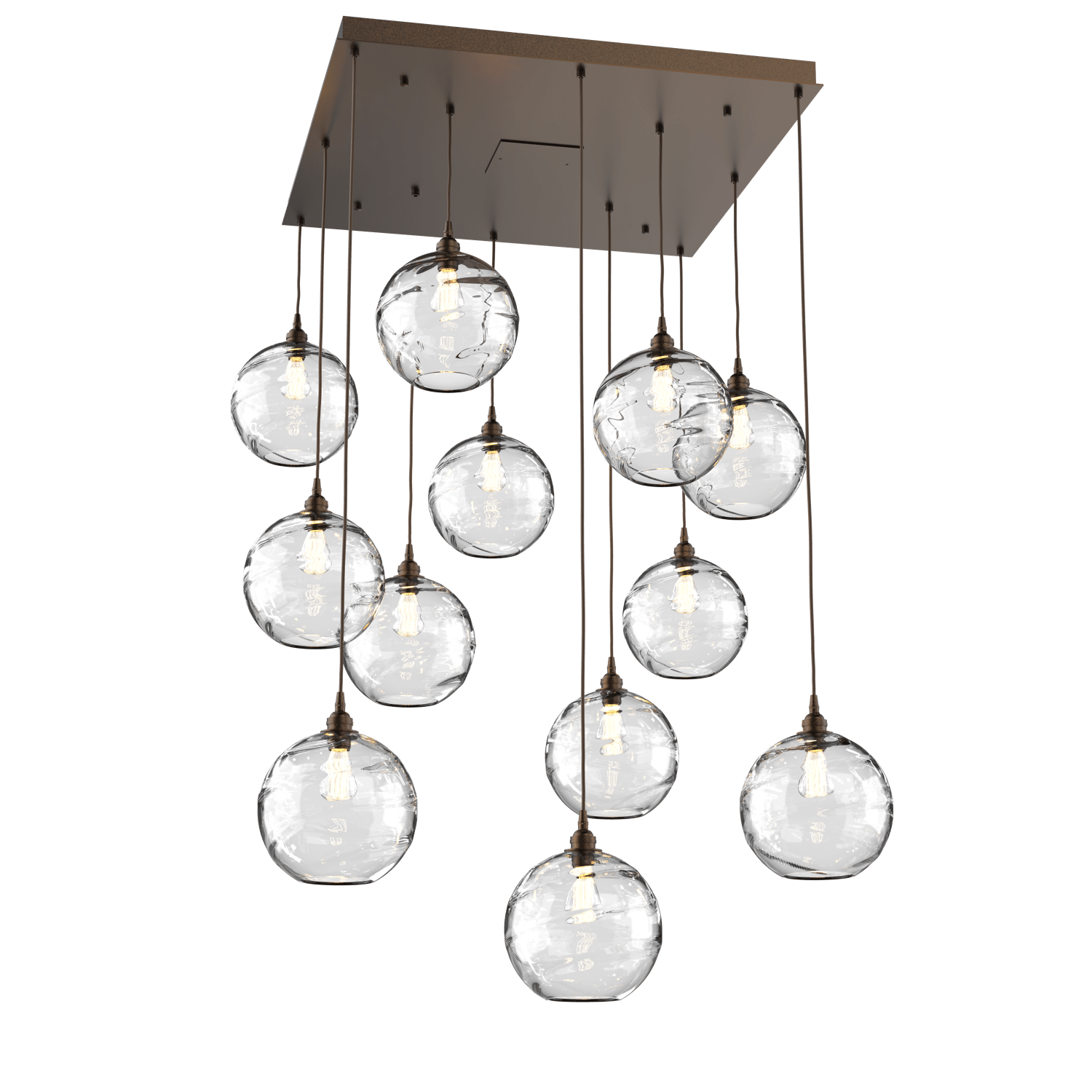 CHB0047-12-FB-OC-Hammerton-Studio-Optic-Blown-Glass-Terra-12-light-square-pendant-chandelier-with-flat-bronze-finish-and-optic-clear-blown-glass-shades-and-incandescent-lamping