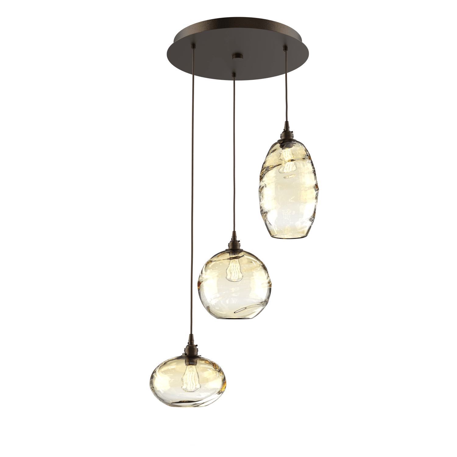 CHB0048-03-FB-OA-Hammerton-Studio-Optic-Blown-Glass-Misto-3-light-round-pendant-chandelier-with-flat-bronze-finish-and-optic-amber-blown-glass-shades-and-incandescent-lamping