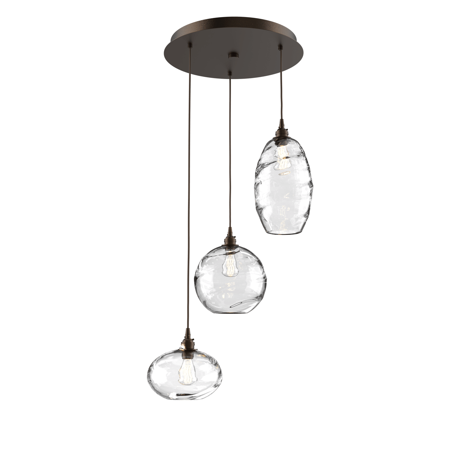 CHB0048-03-FB-OC-Hammerton-Studio-Optic-Blown-Glass-Misto-3-light-round-pendant-chandelier-with-flat-bronze-finish-and-optic-clear-blown-glass-shades-and-incandescent-lamping