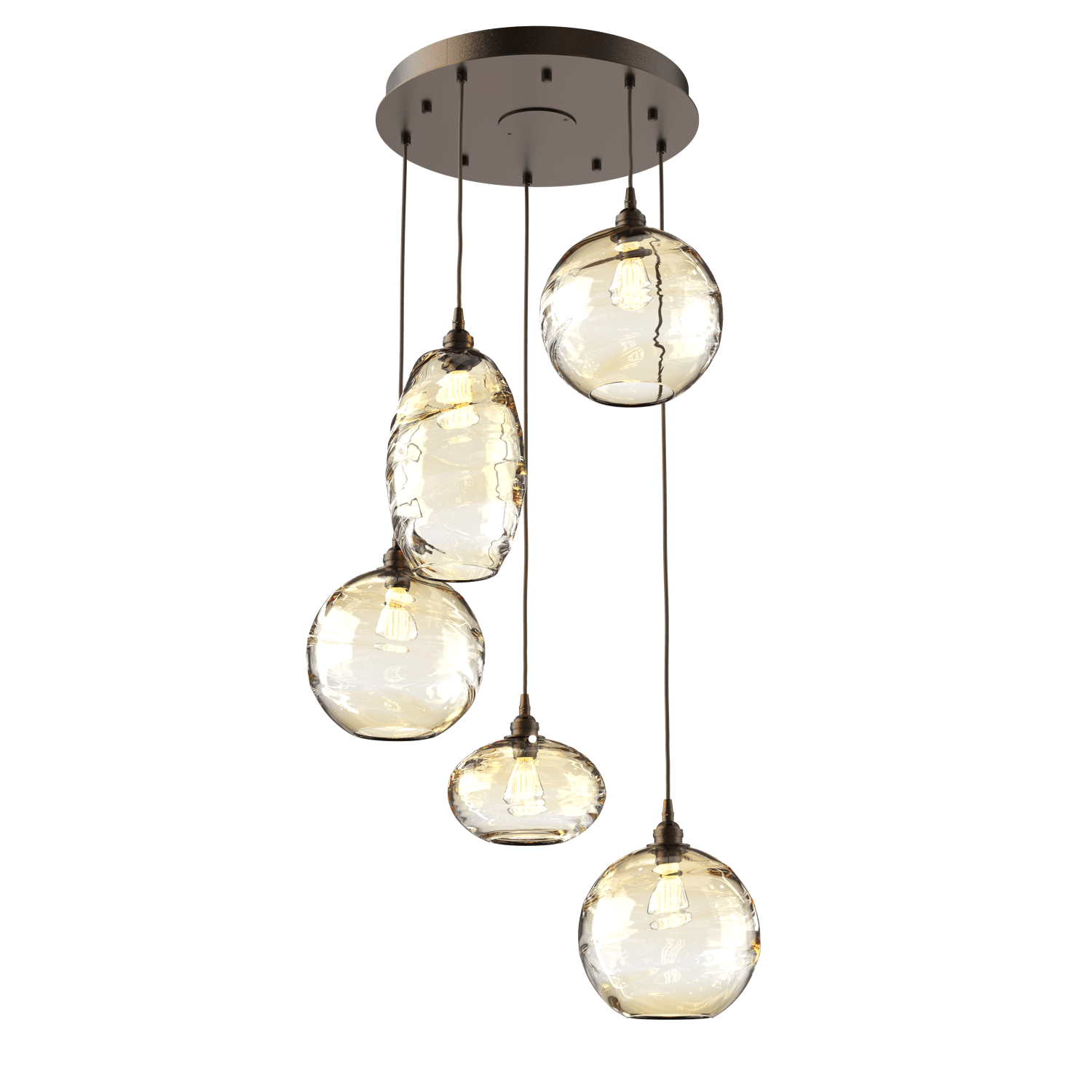 CHB0048-05-FB-OA-Hammerton-Studio-Optic-Blown-Glass-Misto-5-light-round-pendant-chandelier-with-flat-bronze-finish-and-optic-amber-blown-glass-shades-and-incandescent-lamping