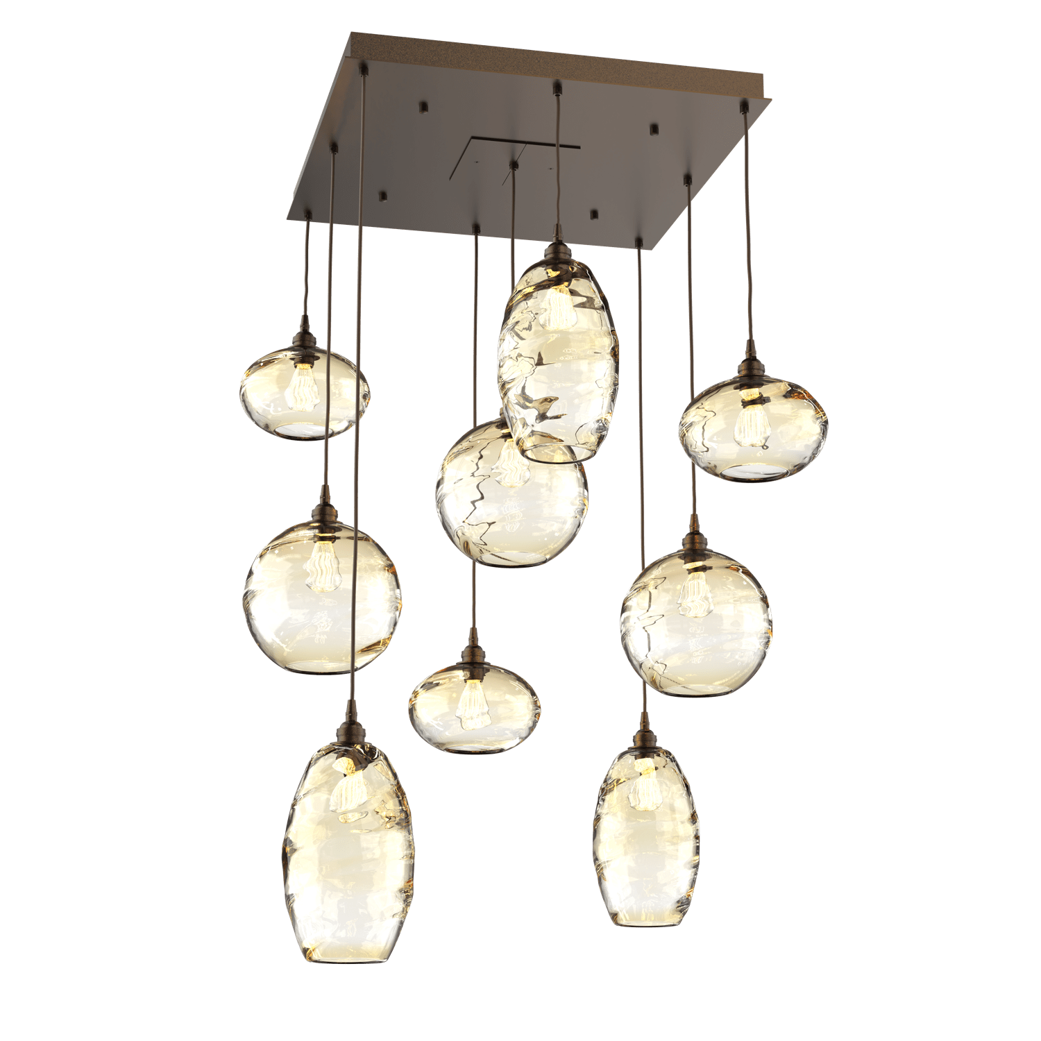 CHB0048-09-FB-OA-Hammerton-Studio-Optic-Blown-Glass-Misto-9-light-square-pendant-chandelier-with-flat-bronze-finish-and-optic-amber-blown-glass-shades-and-incandescent-lamping