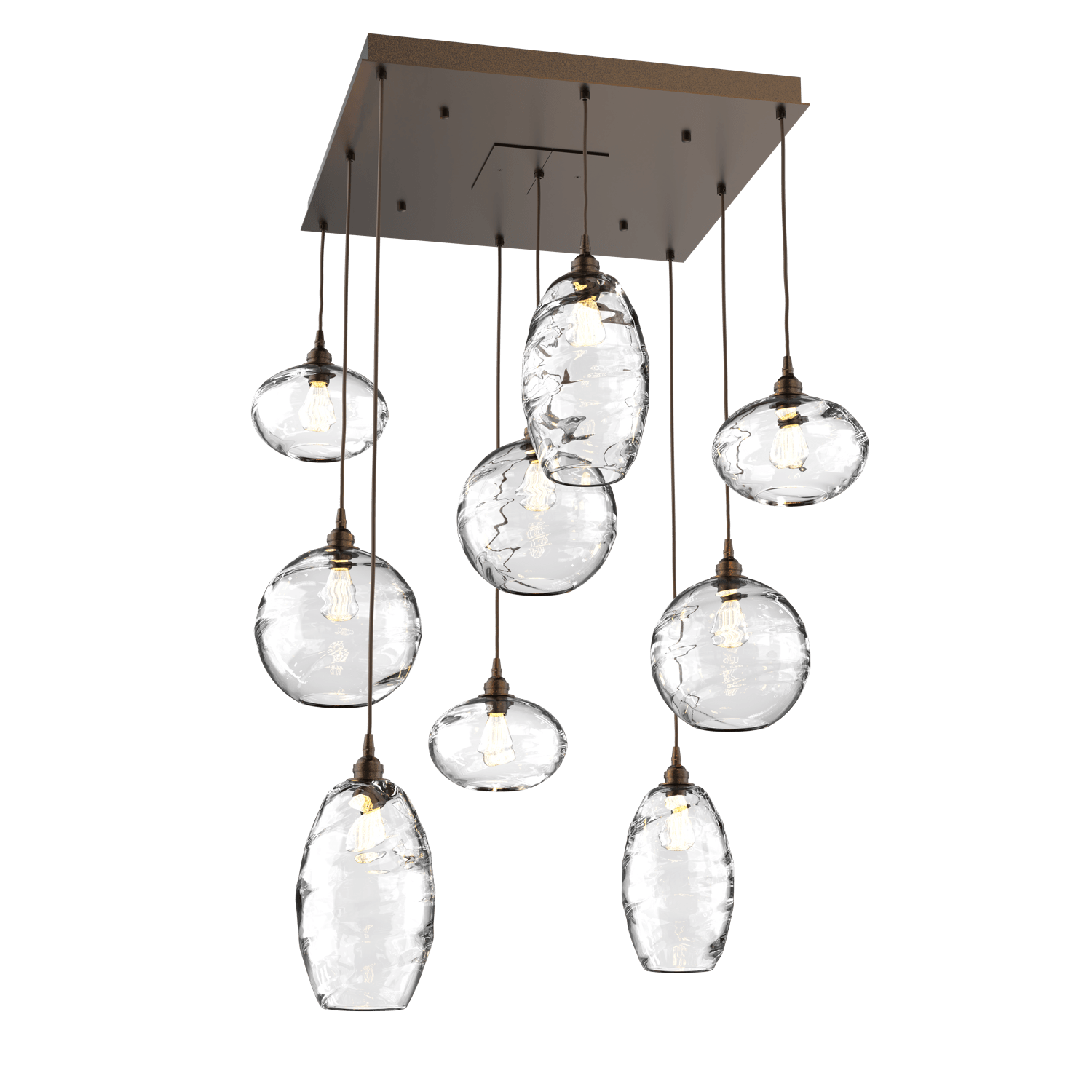 CHB0048-09-FB-OC-Hammerton-Studio-Optic-Blown-Glass-Misto-9-light-square-pendant-chandelier-with-flat-bronze-finish-and-optic-clear-blown-glass-shades-and-incandescent-lamping