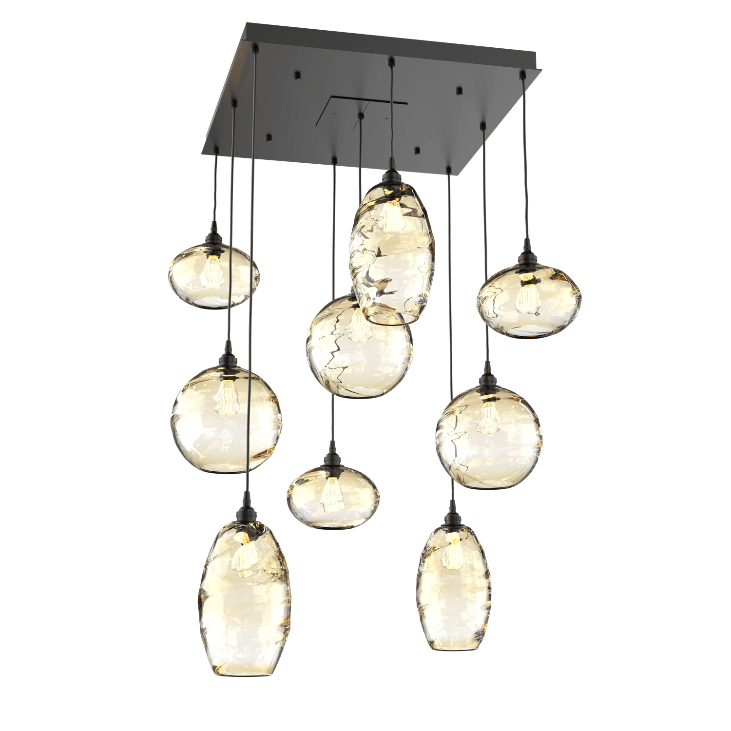 CHB0048-09-MB-OA-Hammerton-Studio-Optic-Blown-Glass-Misto-9-light-square-pendant-chandelier-with-matte-black-finish-and-optic-amber-blown-glass-shades-and-incandescent-lamping