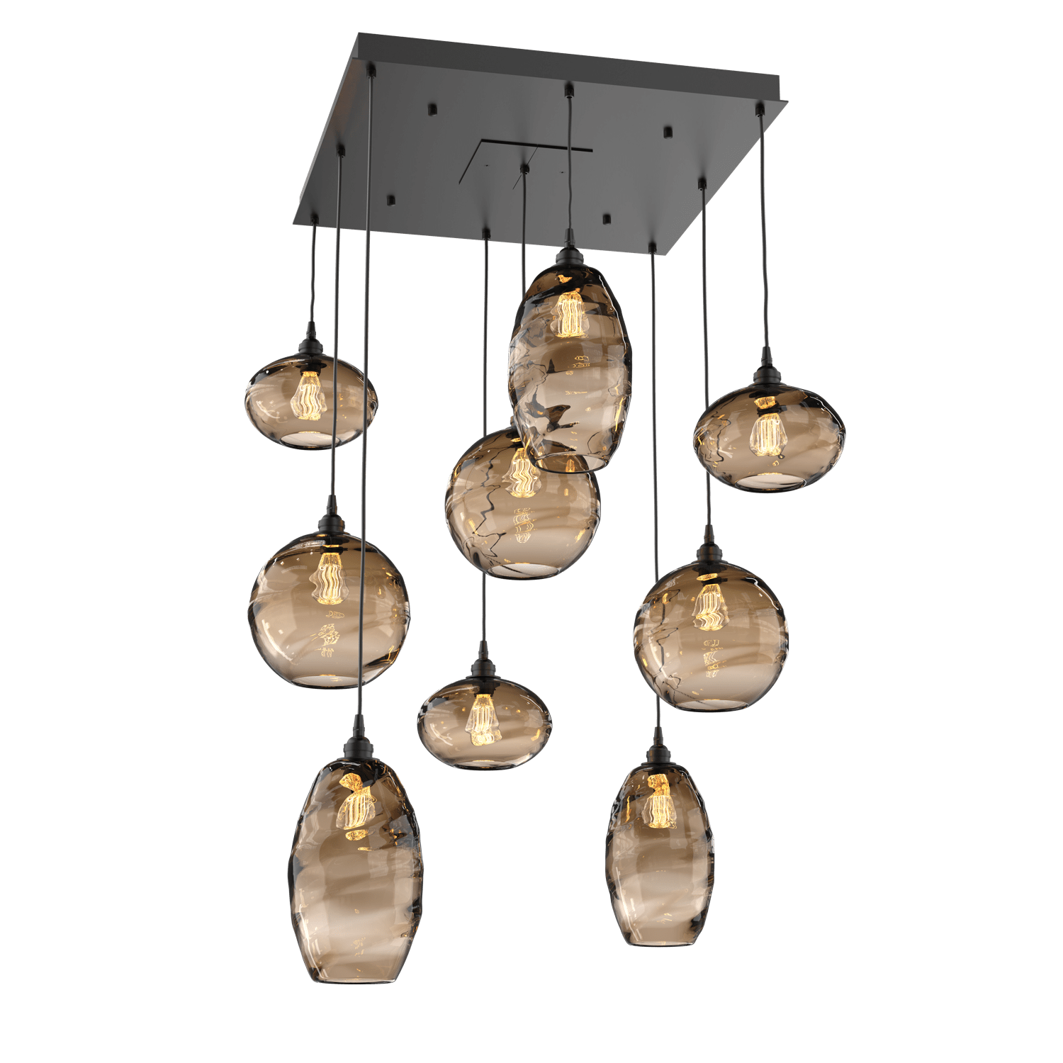 CHB0048-09-MB-OB-Hammerton-Studio-Optic-Blown-Glass-Misto-9-light-square-pendant-chandelier-with-matte-black-finish-and-optic-bronze-blown-glass-shades-and-incandescent-lamping