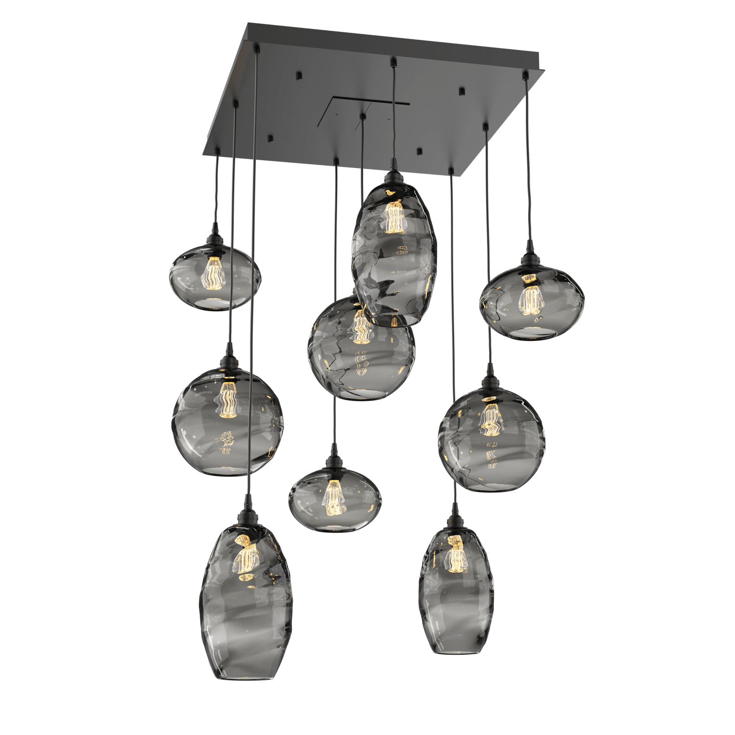 CHB0048-09-MB-OS-Hammerton-Studio-Optic-Blown-Glass-Misto-9-light-square-pendant-chandelier-with-matte-black-finish-and-optic-smoke-blown-glass-shades-and-incandescent-lamping