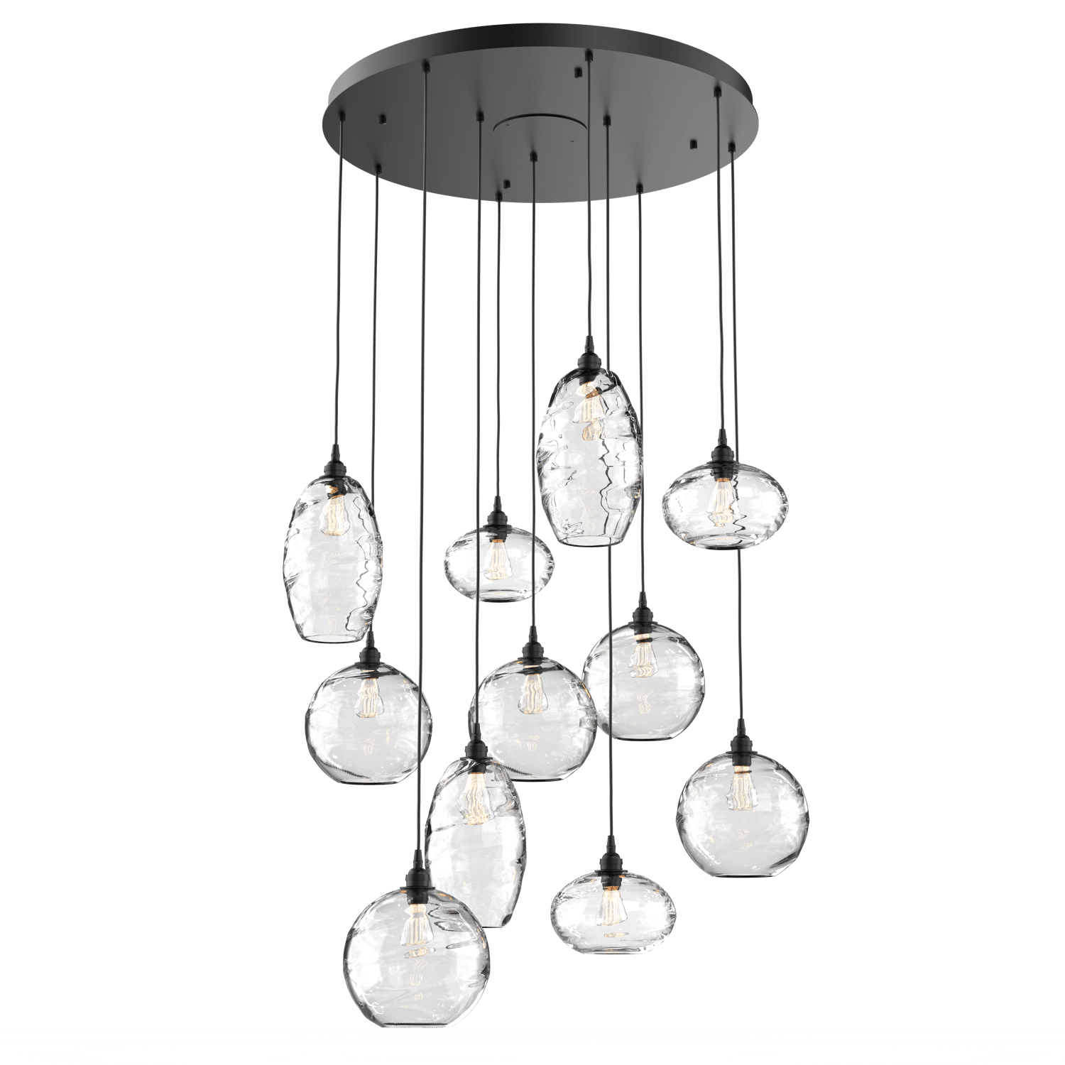 CHB0048-11-MB-OC-Hammerton-Studio-Optic-Blown-Glass-Misto-11-light-round-pendant-chandelier-with-matte-black-finish-and-optic-clear-blown-glass-shades-and-incandescent-lamping