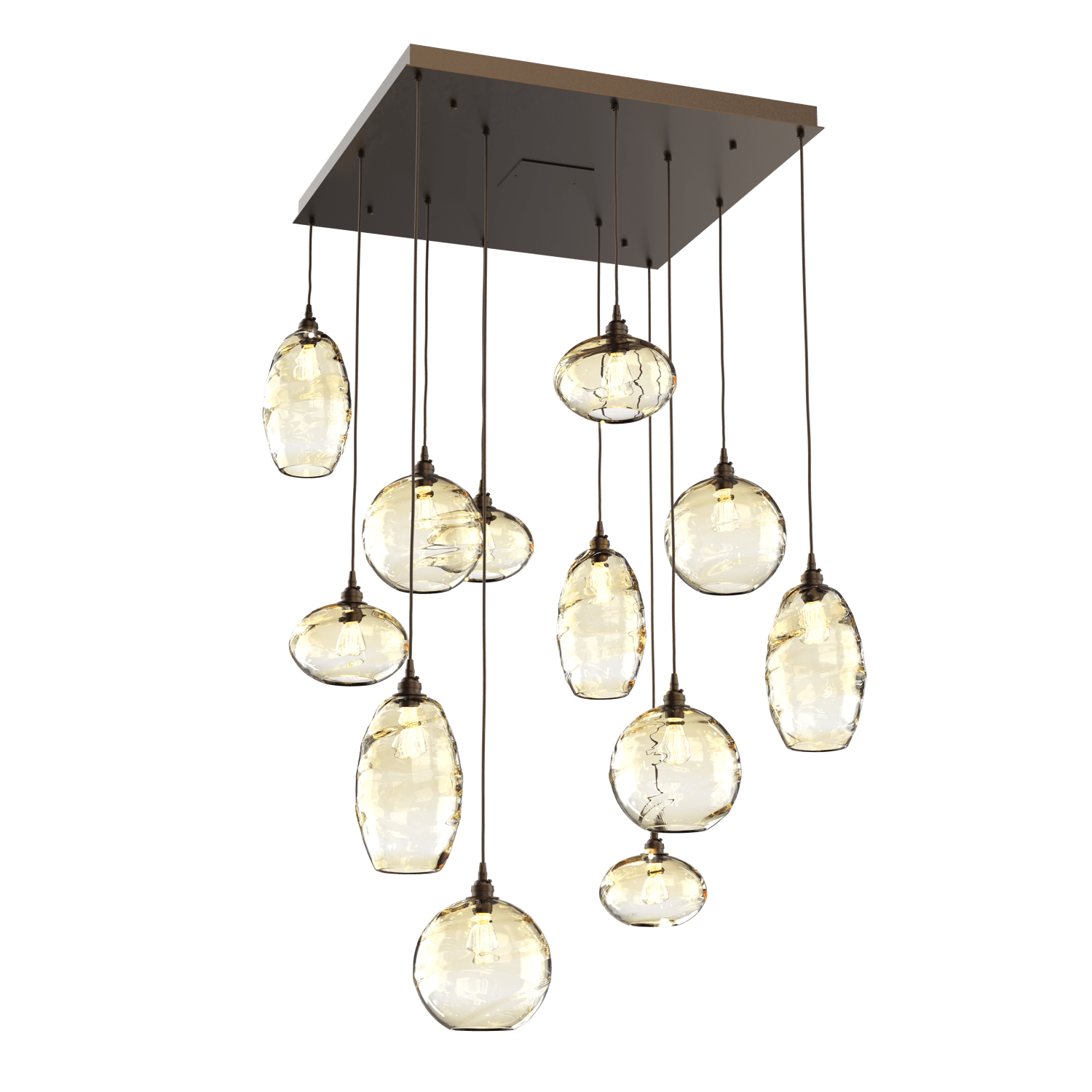 CHB0048-12-FB-OA-Hammerton-Studio-Optic-Blown-Glass-Misto-12-light-square-pendant-chandelier-with-flat-bronze-finish-and-optic-amber-blown-glass-shades-and-incandescent-lamping