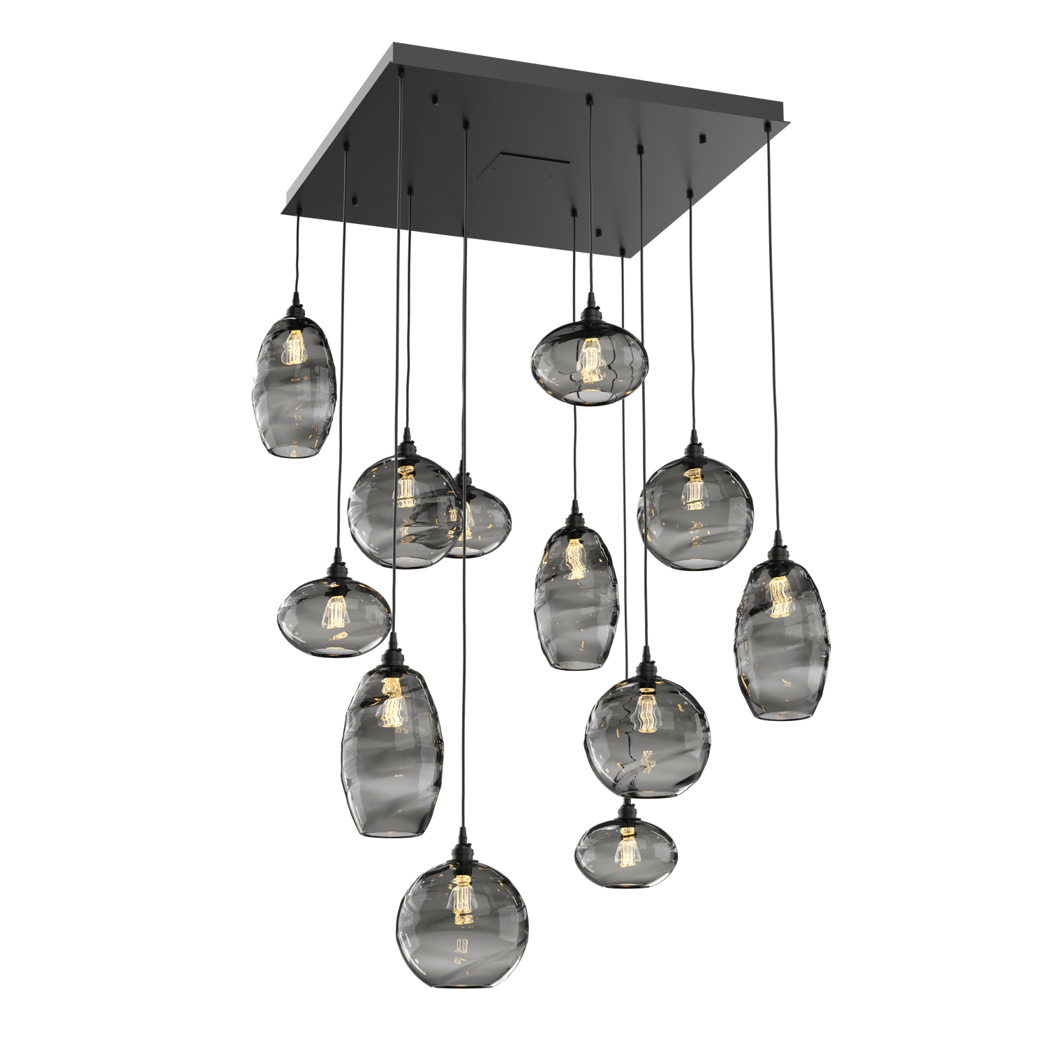 CHB0048-12-MB-OS-Hammerton-Studio-Optic-Blown-Glass-Misto-12-light-square-pendant-chandelier-with-matte-black-finish-and-optic-smoke-blown-glass-shades-and-incandescent-lamping
