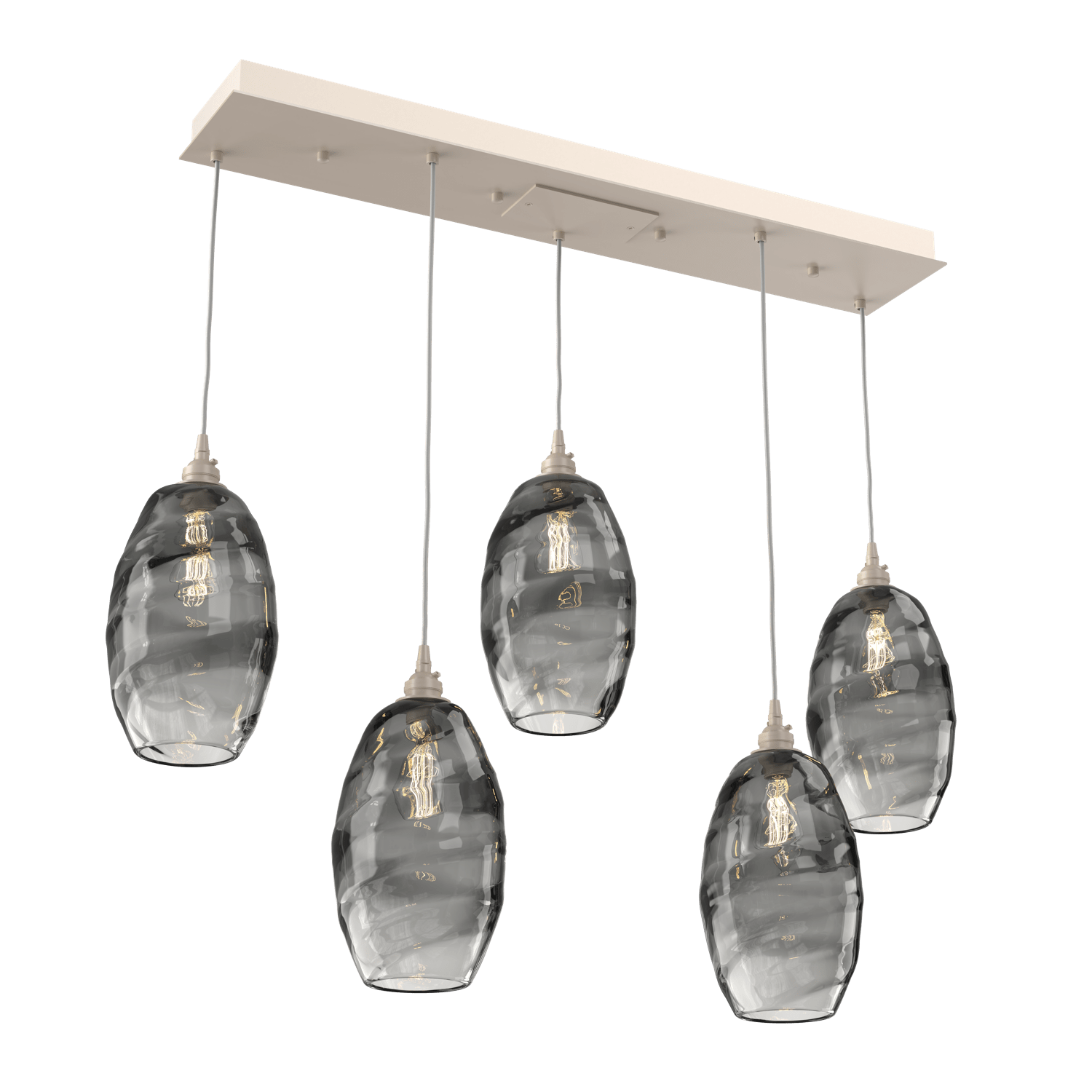 PLB0035-05-BS-OS-Hammerton-Studio-Optic-Blown-Glass-Elisse-5-light-linear-pendant-chandelier-with-metallic-beige-silver-finish-and-optic-smoke-blown-glass-shades-and-incandescent-lamping