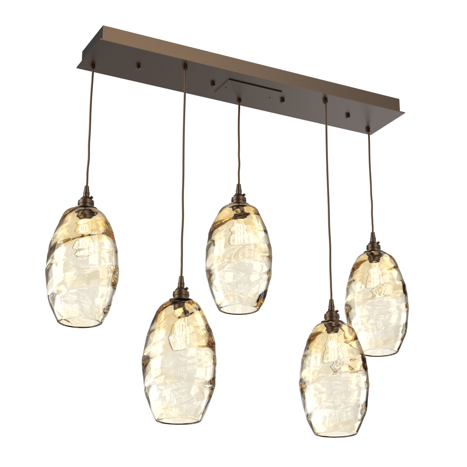 PLB0035-05-FB-OA-Hammerton-Studio-Optic-Blown-Glass-Elisse-5-light-linear-pendant-chandelier-with-flat-bronze-finish-and-optic-amber-blown-glass-shades-and-incandescent-lamping