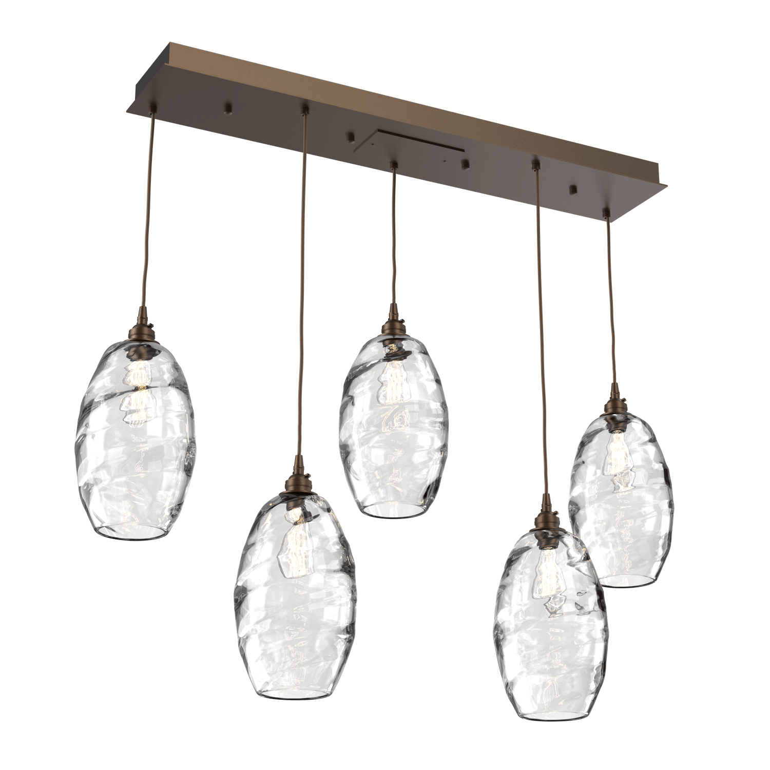 PLB0035-05-FB-OC-Hammerton-Studio-Optic-Blown-Glass-Elisse-5-light-linear-pendant-chandelier-with-flat-bronze-finish-and-optic-clear-blown-glass-shades-and-incandescent-lamping