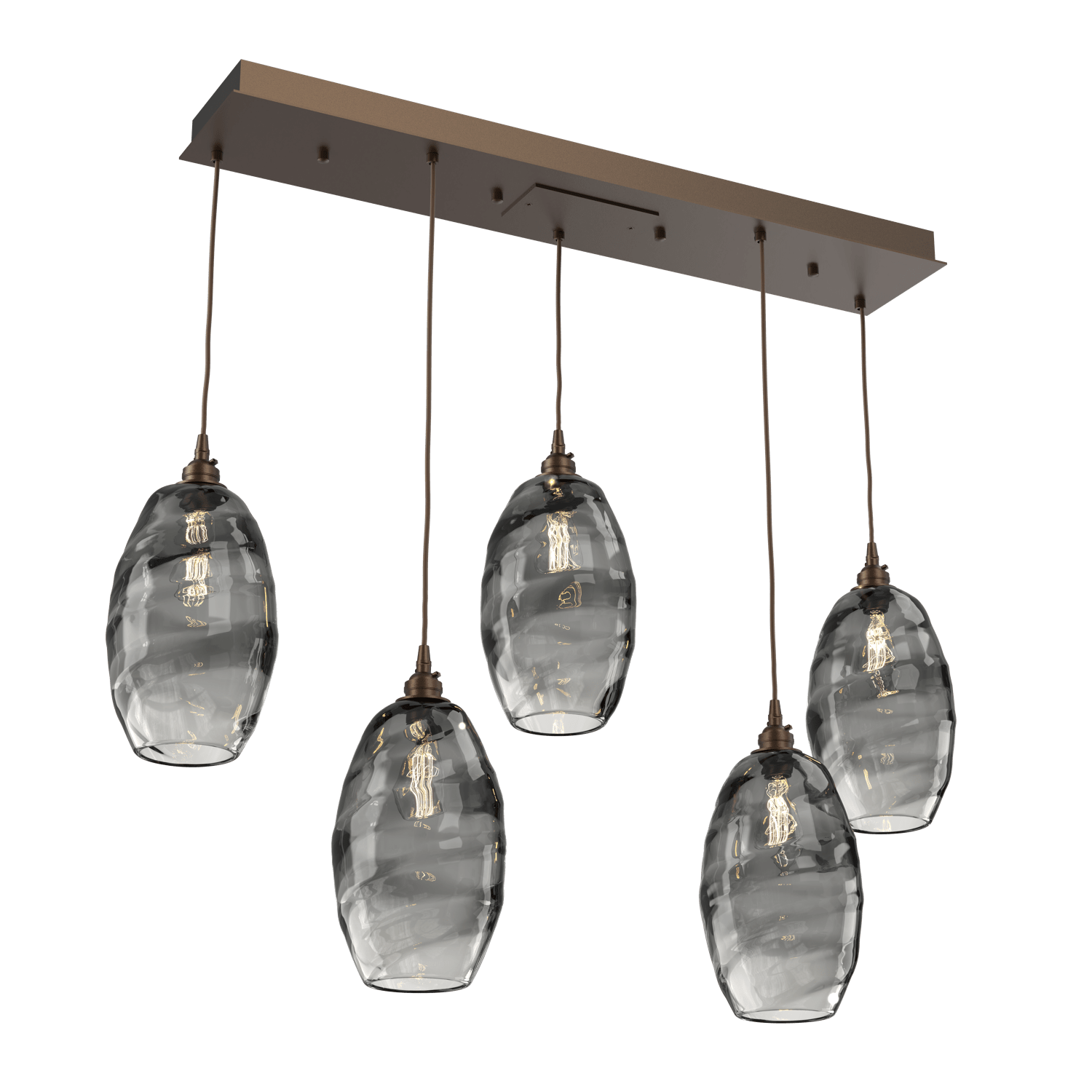 PLB0035-05-FB-OS-Hammerton-Studio-Optic-Blown-Glass-Elisse-5-light-linear-pendant-chandelier-with-flat-bronze-finish-and-optic-smoke-blown-glass-shades-and-incandescent-lamping