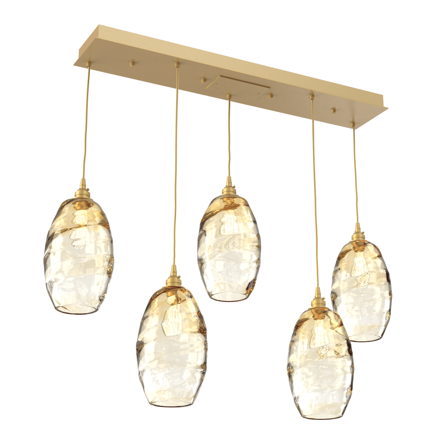 PLB0035-05-GB-OA-Hammerton-Studio-Optic-Blown-Glass-Elisse-5-light-linear-pendant-chandelier-with-gilded-brass-finish-and-optic-amber-blown-glass-shades-and-incandescent-lamping