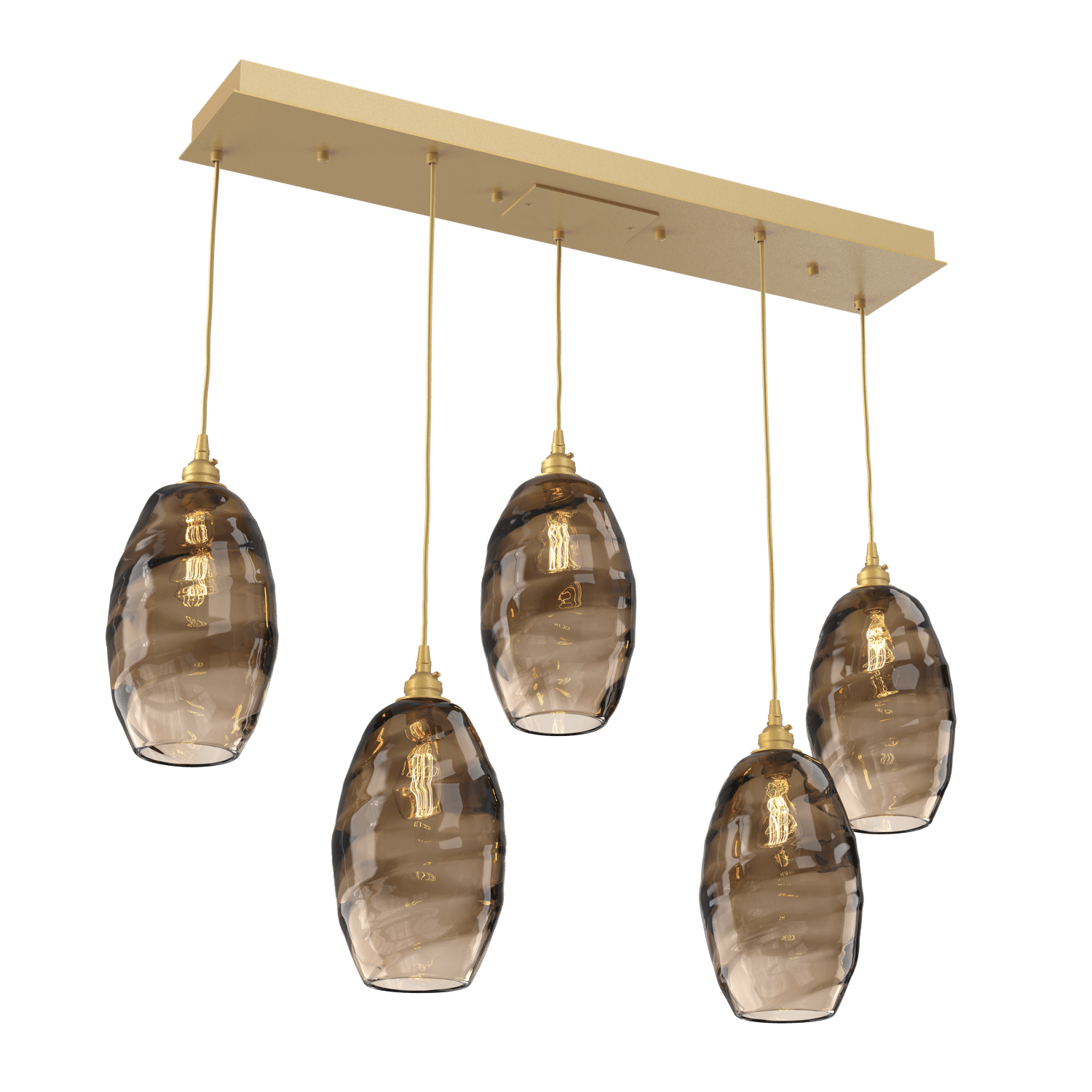 PLB0035-05-GB-OB-Hammerton-Studio-Optic-Blown-Glass-Elisse-5-light-linear-pendant-chandelier-with-gilded-brass-finish-and-optic-bronze-blown-glass-shades-and-incandescent-lamping