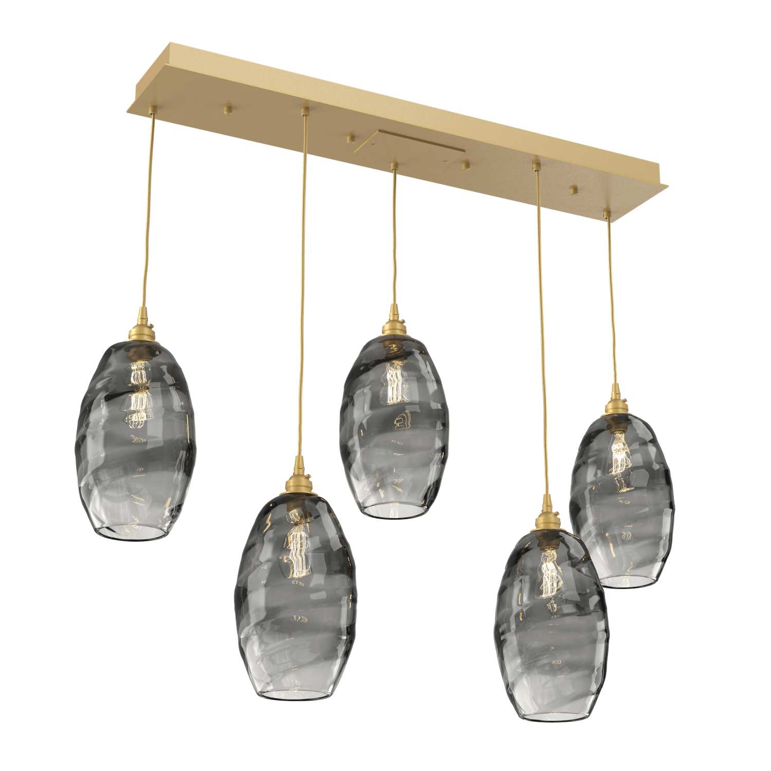 PLB0035-05-GB-OS-Hammerton-Studio-Optic-Blown-Glass-Elisse-5-light-linear-pendant-chandelier-with-gilded-brass-finish-and-optic-smoke-blown-glass-shades-and-incandescent-lamping