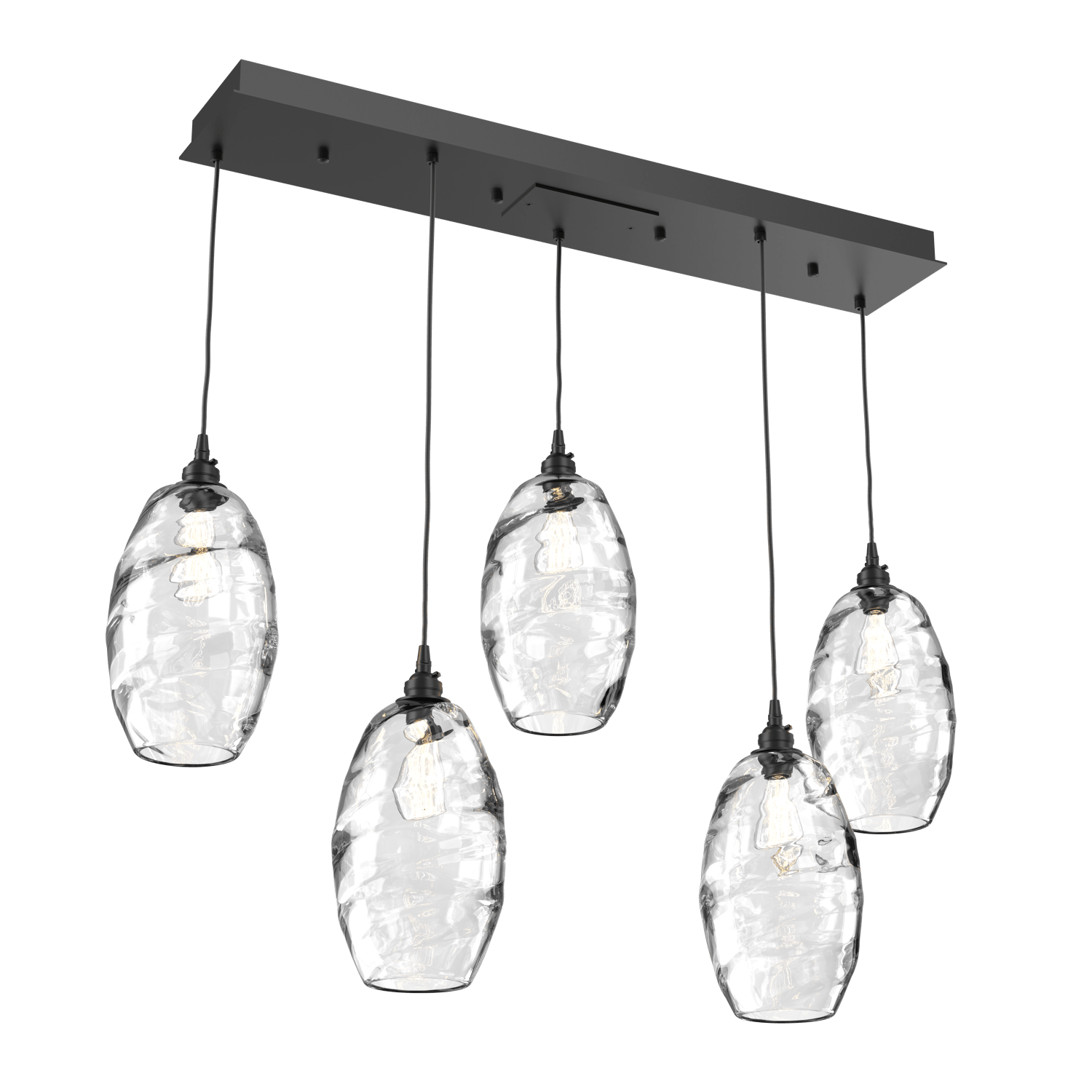 PLB0035-05-MB-OC-Hammerton-Studio-Optic-Blown-Glass-Elisse-5-light-linear-pendant-chandelier-with-matte-black-finish-and-optic-clear-blown-glass-shades-and-incandescent-lamping