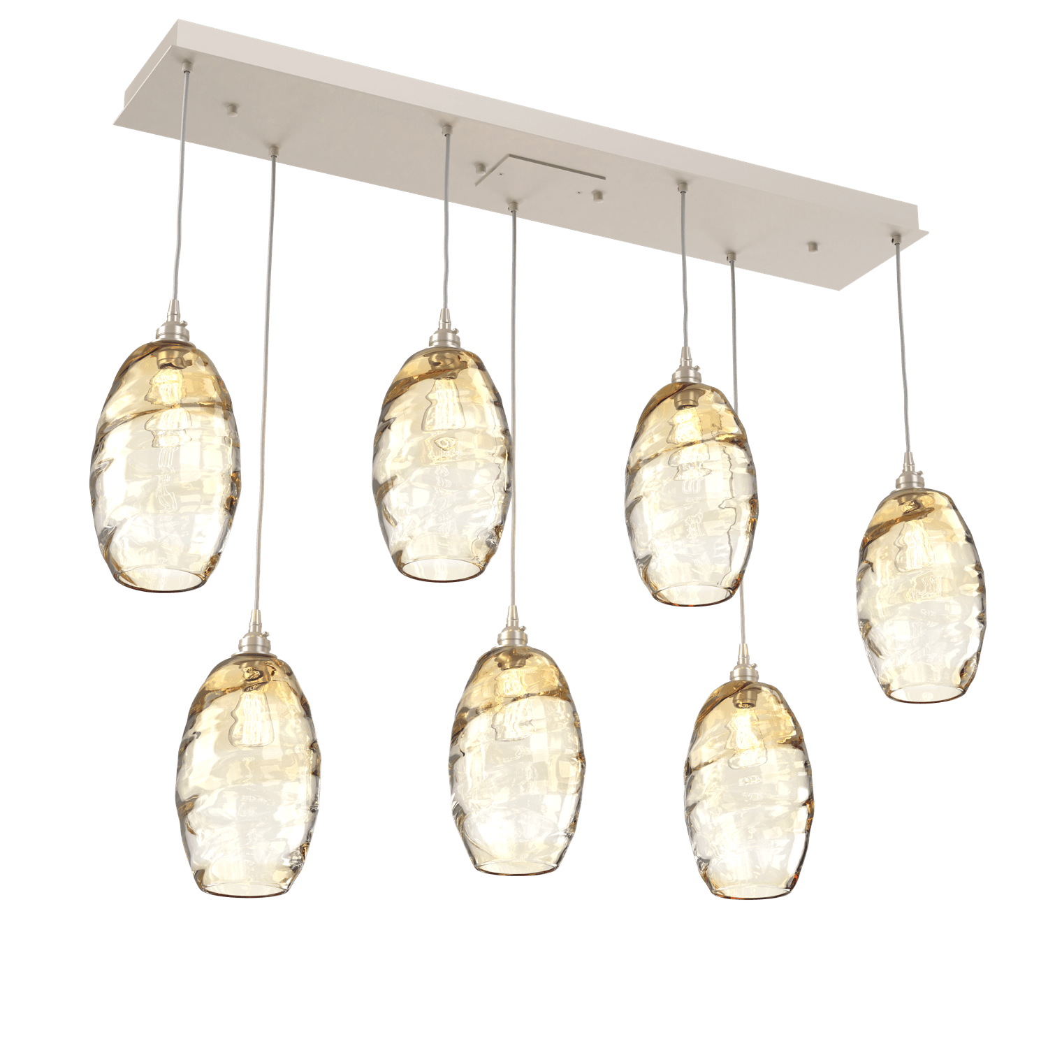 PLB0035-07-BS-OA-Hammerton-Studio-Optic-Blown-Glass-Elisse-7-light-linear-pendant-chandelier-with-metallic-beige-silver-finish-and-optic-amber-blown-glass-shades-and-incandescent-lamping