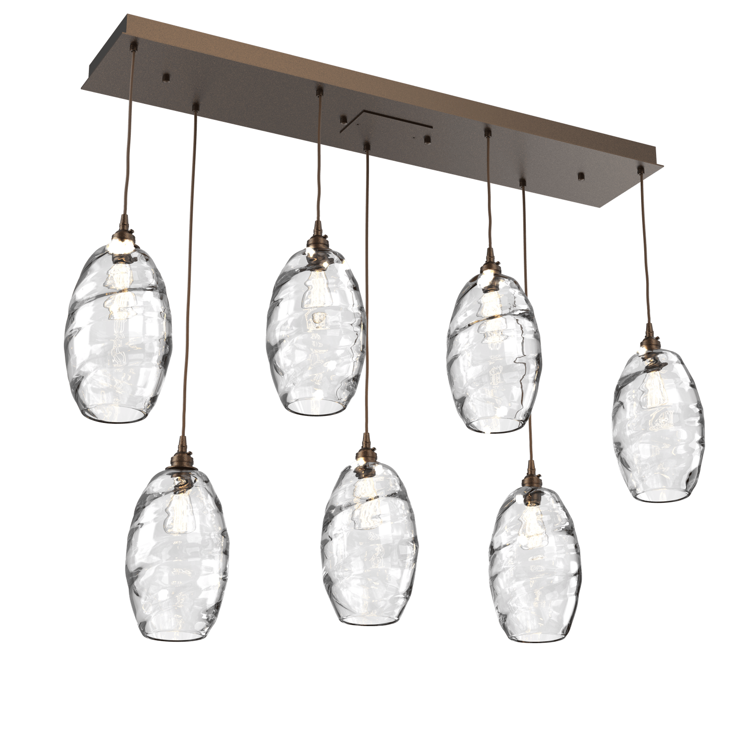 PLB0035-07-FB-OC-Hammerton-Studio-Optic-Blown-Glass-Elisse-7-light-linear-pendant-chandelier-with-flat-bronze-finish-and-optic-clear-blown-glass-shades-and-incandescent-lamping