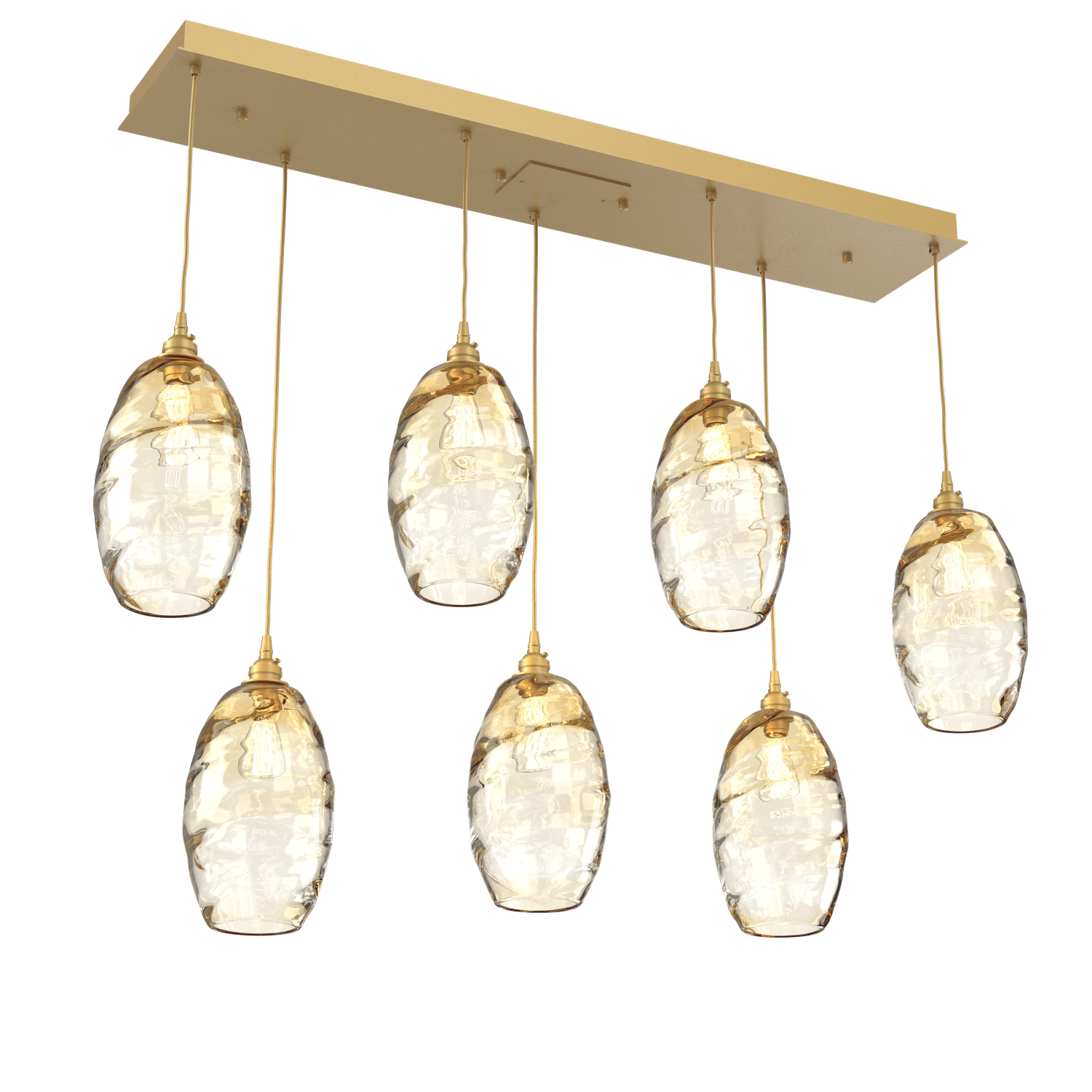 PLB0035-07-GB-OA-Hammerton-Studio-Optic-Blown-Glass-Elisse-7-light-linear-pendant-chandelier-with-gilded-brass-finish-and-optic-amber-blown-glass-shades-and-incandescent-lamping