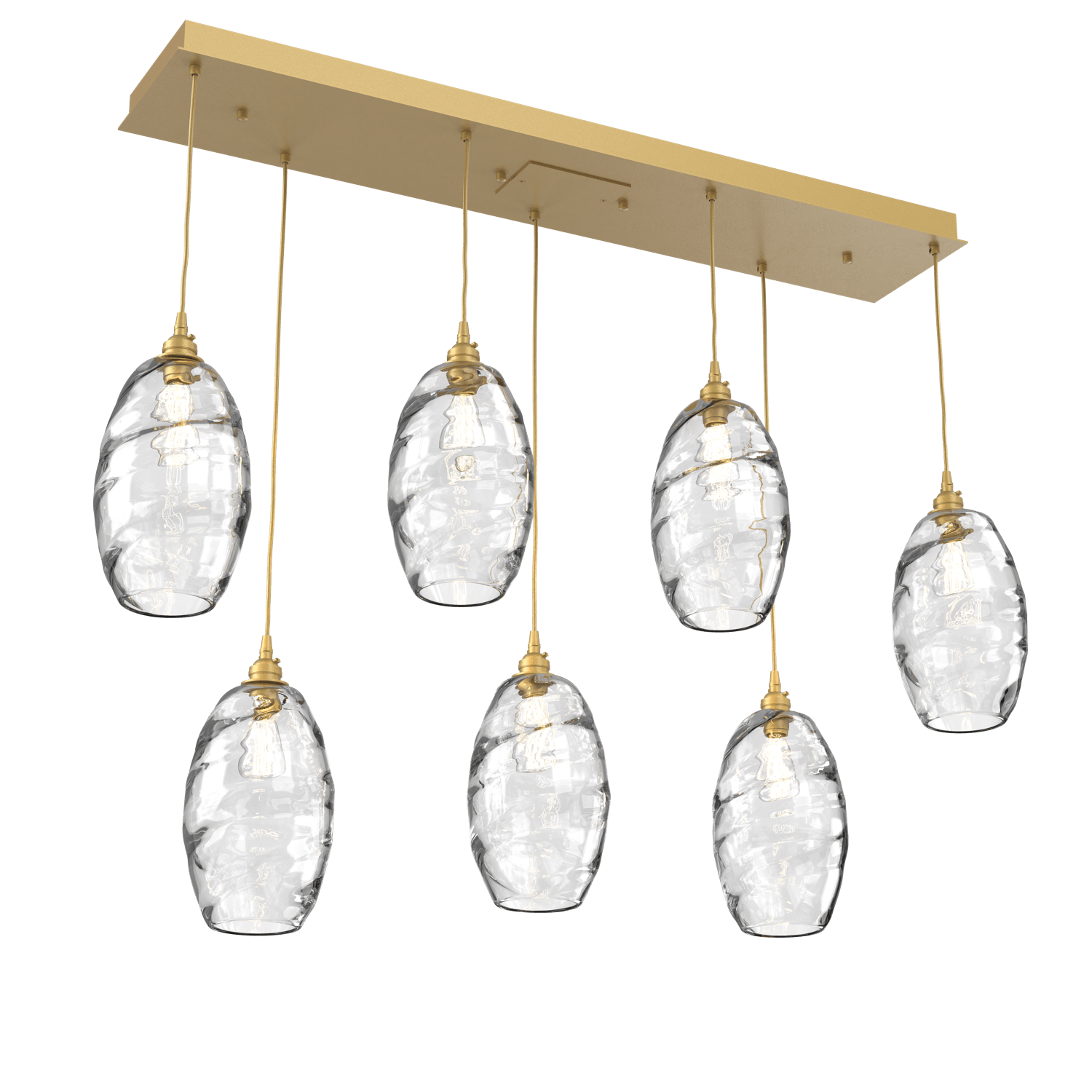 PLB0035-07-GB-OC-Hammerton-Studio-Optic-Blown-Glass-Elisse-7-light-linear-pendant-chandelier-with-gilded-brass-finish-and-optic-clear-blown-glass-shades-and-incandescent-lamping