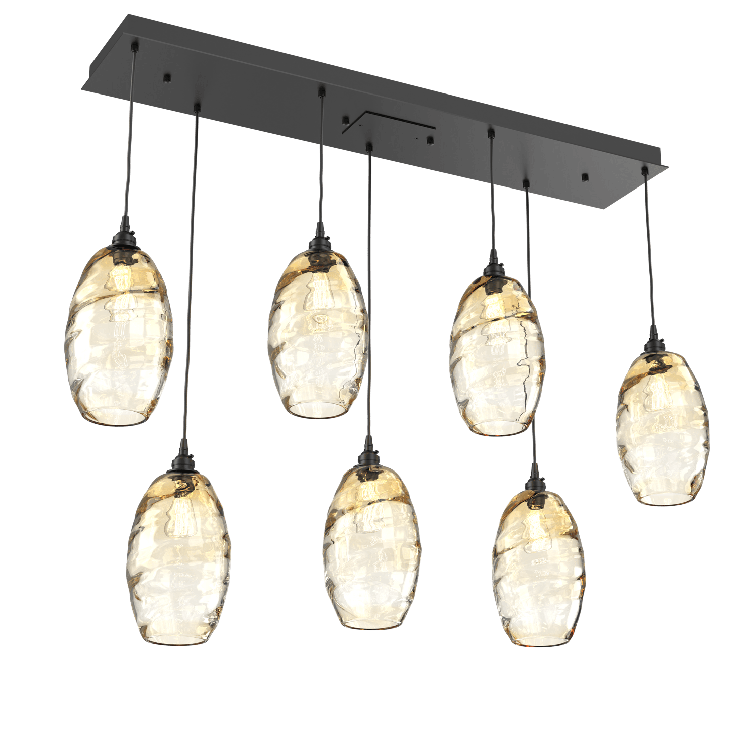 PLB0035-07-MB-OA-Hammerton-Studio-Optic-Blown-Glass-Elisse-7-light-linear-pendant-chandelier-with-matte-black-finish-and-optic-amber-blown-glass-shades-and-incandescent-lamping
