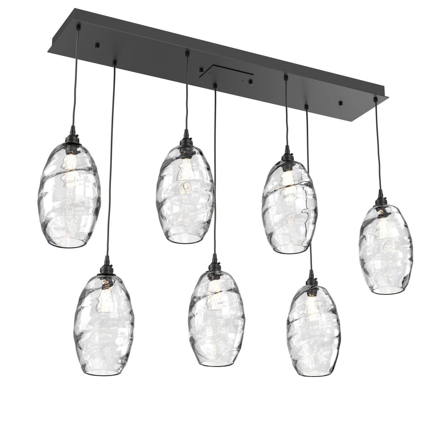 PLB0035-07-MB-OC-Hammerton-Studio-Optic-Blown-Glass-Elisse-7-light-linear-pendant-chandelier-with-matte-black-finish-and-optic-clear-blown-glass-shades-and-incandescent-lamping
