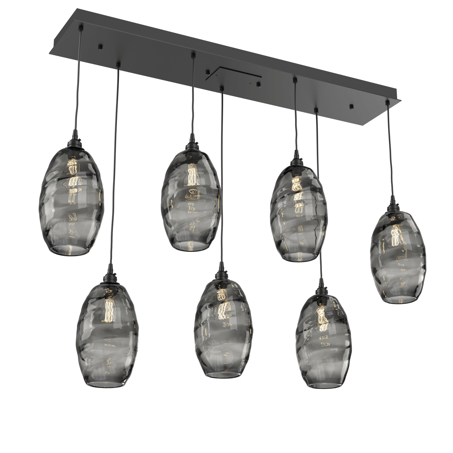 PLB0035-07-MB-OS-Hammerton-Studio-Optic-Blown-Glass-Elisse-7-light-linear-pendant-chandelier-with-matte-black-finish-and-optic-smoke-blown-glass-shades-and-incandescent-lamping