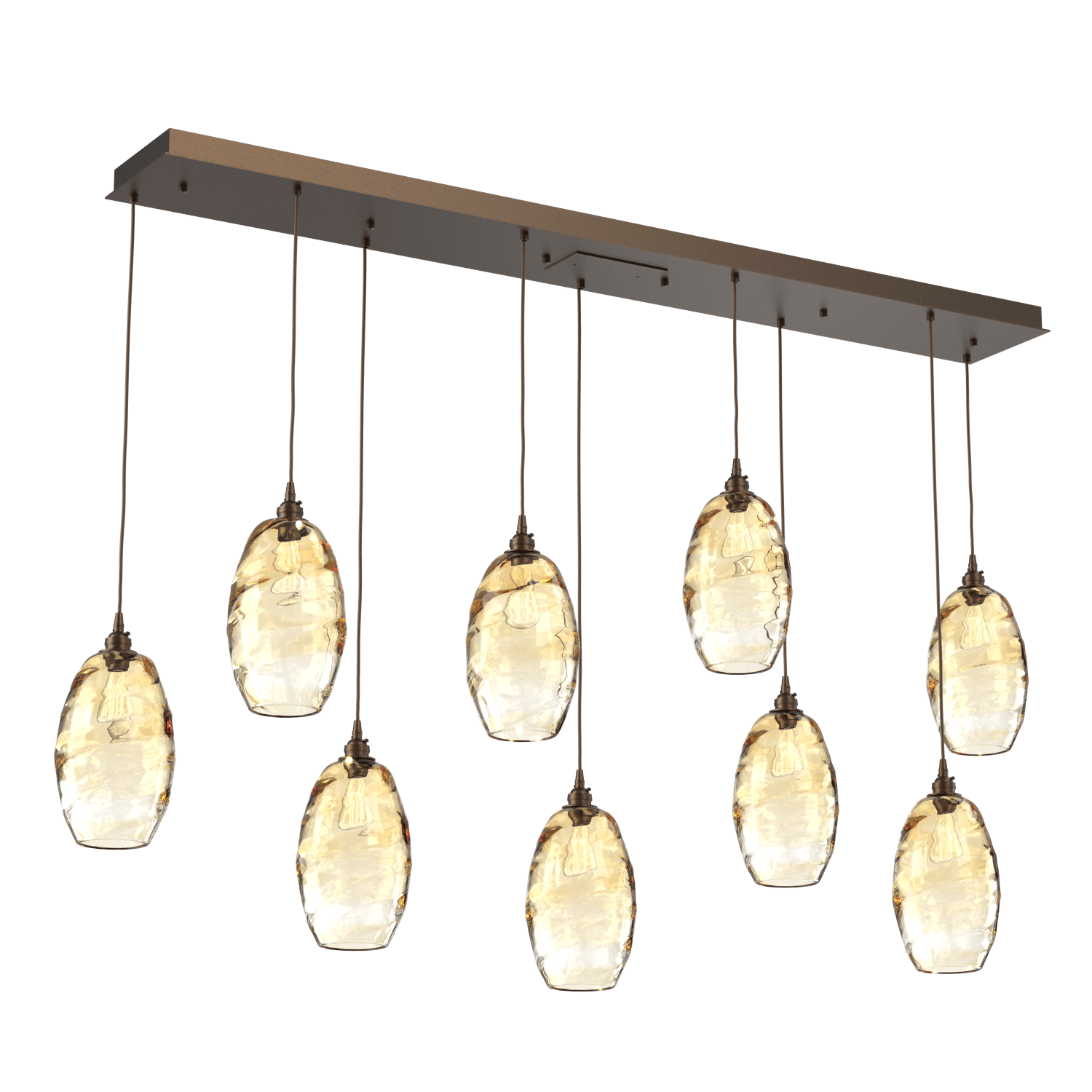 PLB0035-09-FB-OA-Hammerton-Studio-Optic-Blown-Glass-Elisse-9-light-linear-pendant-chandelier-with-flat-bronze-finish-and-optic-amber-blown-glass-shades-and-incandescent-lamping