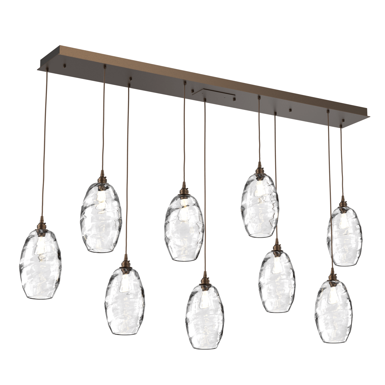 PLB0035-09-FB-OC-Hammerton-Studio-Optic-Blown-Glass-Elisse-9-light-linear-pendant-chandelier-with-flat-bronze-finish-and-optic-clear-blown-glass-shades-and-incandescent-lamping