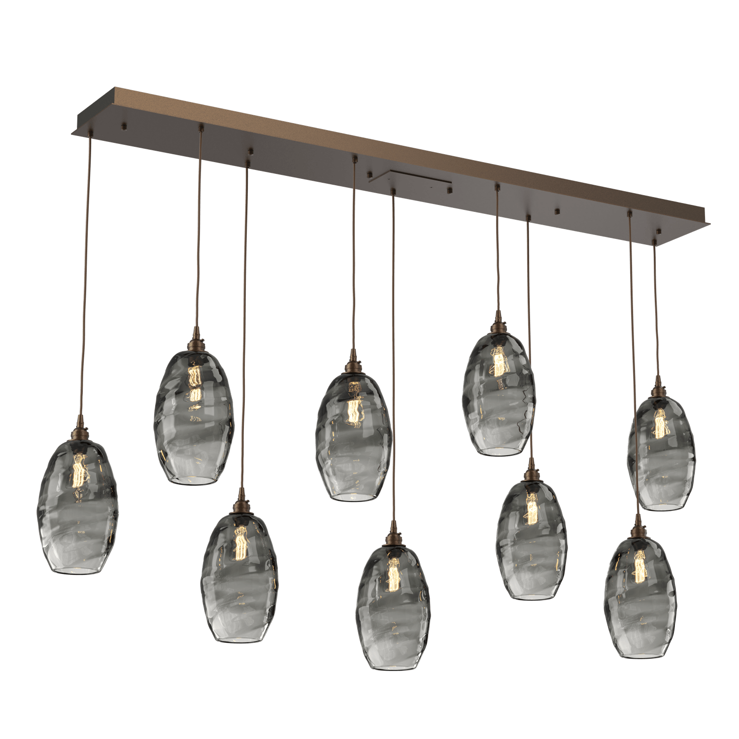PLB0035-09-FB-OS-Hammerton-Studio-Optic-Blown-Glass-Elisse-9-light-linear-pendant-chandelier-with-flat-bronze-finish-and-optic-smoke-blown-glass-shades-and-incandescent-lamping
