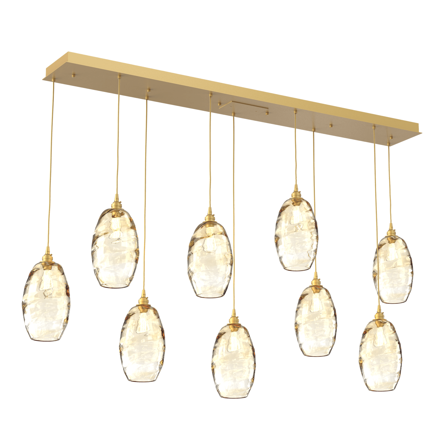 PLB0035-09-GB-OA-Hammerton-Studio-Optic-Blown-Glass-Elisse-9-light-linear-pendant-chandelier-with-gilded-brass-finish-and-optic-amber-blown-glass-shades-and-incandescent-lamping