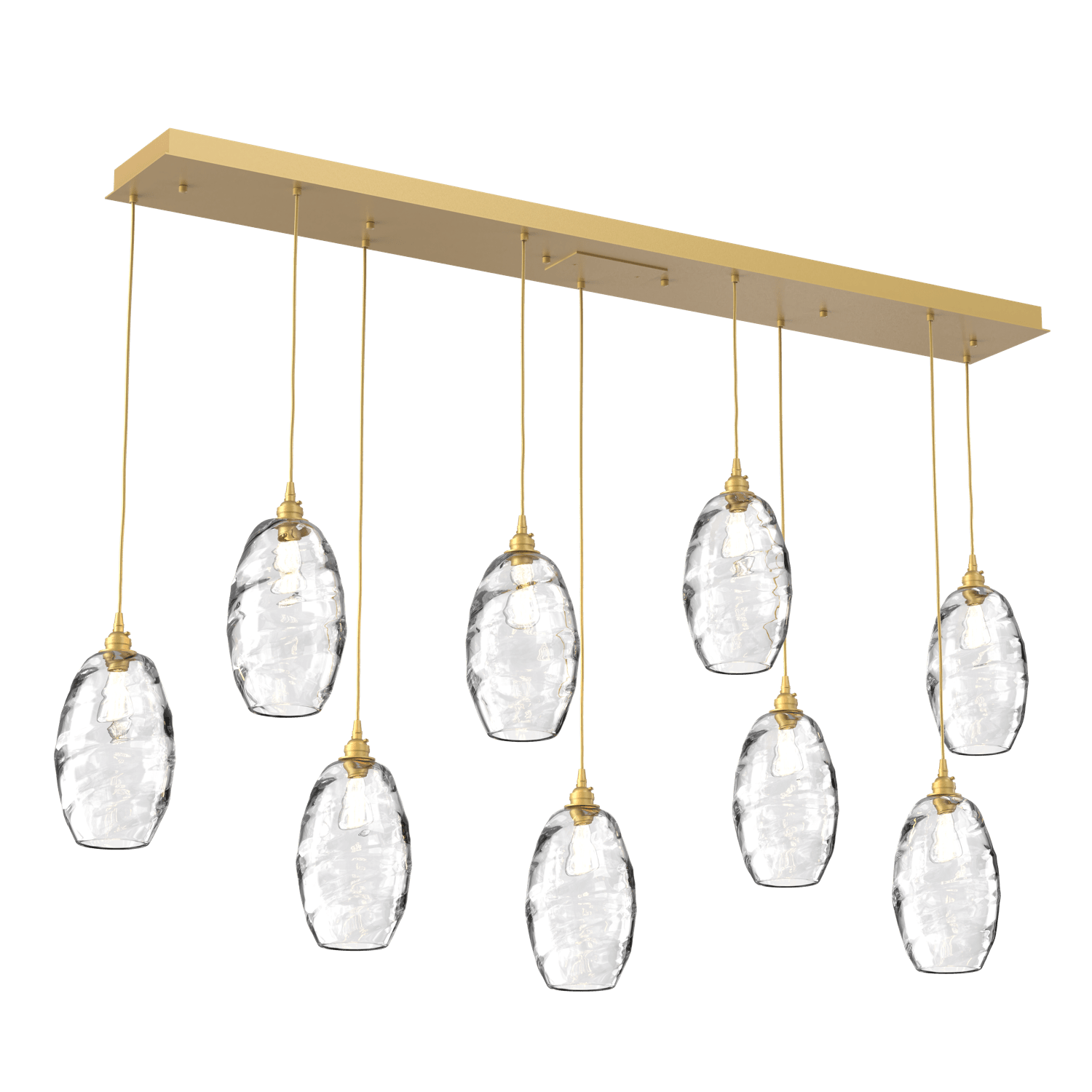 PLB0035-09-GB-OC-Hammerton-Studio-Optic-Blown-Glass-Elisse-9-light-linear-pendant-chandelier-with-gilded-brass-finish-and-optic-clear-blown-glass-shades-and-incandescent-lamping