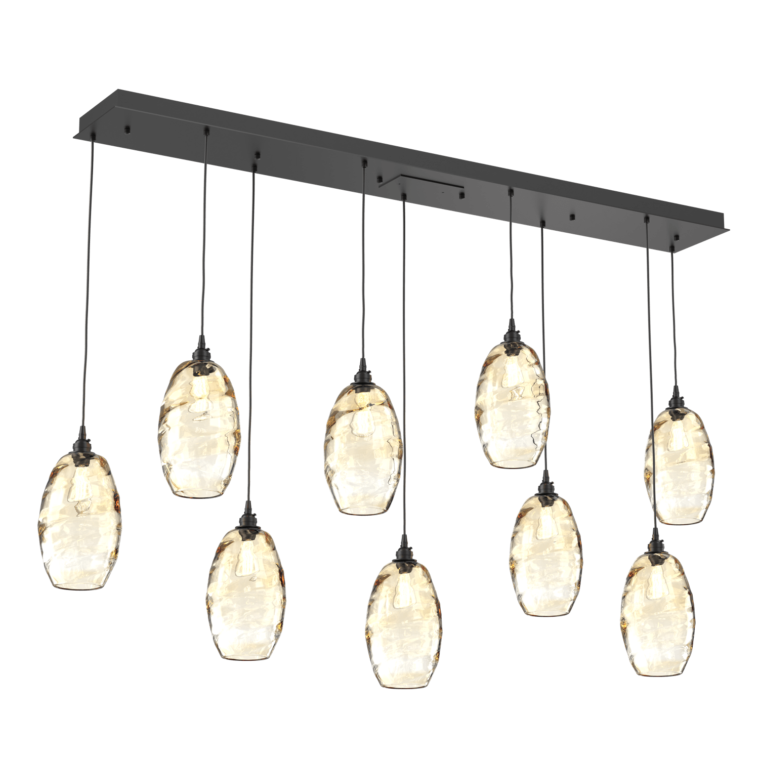 PLB0035-09-MB-OA-Hammerton-Studio-Optic-Blown-Glass-Elisse-9-light-linear-pendant-chandelier-with-matte-black-finish-and-optic-amber-blown-glass-shades-and-incandescent-lamping