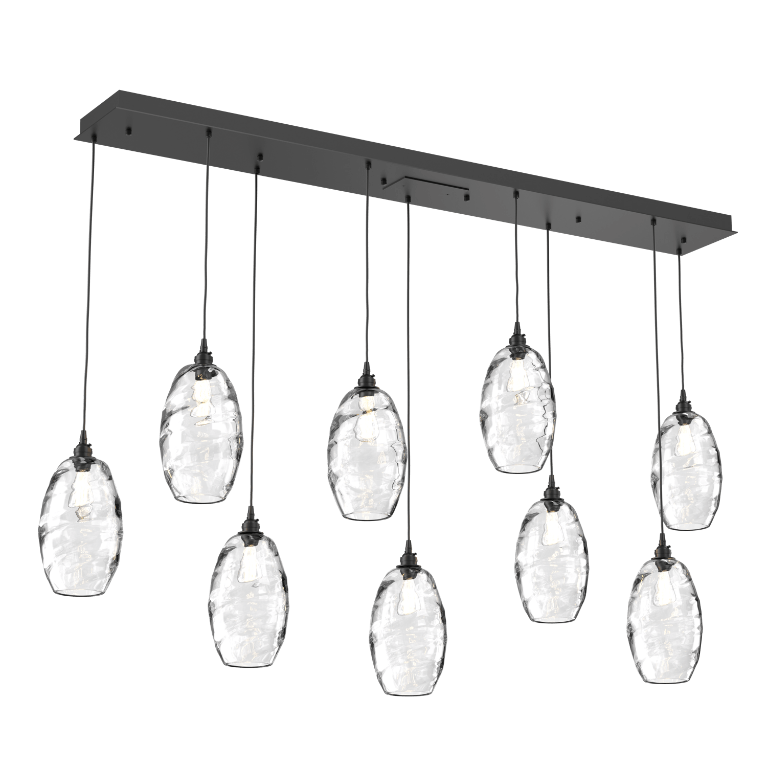 PLB0035-09-MB-OC-Hammerton-Studio-Optic-Blown-Glass-Elisse-9-light-linear-pendant-chandelier-with-matte-black-finish-and-optic-clear-blown-glass-shades-and-incandescent-lamping